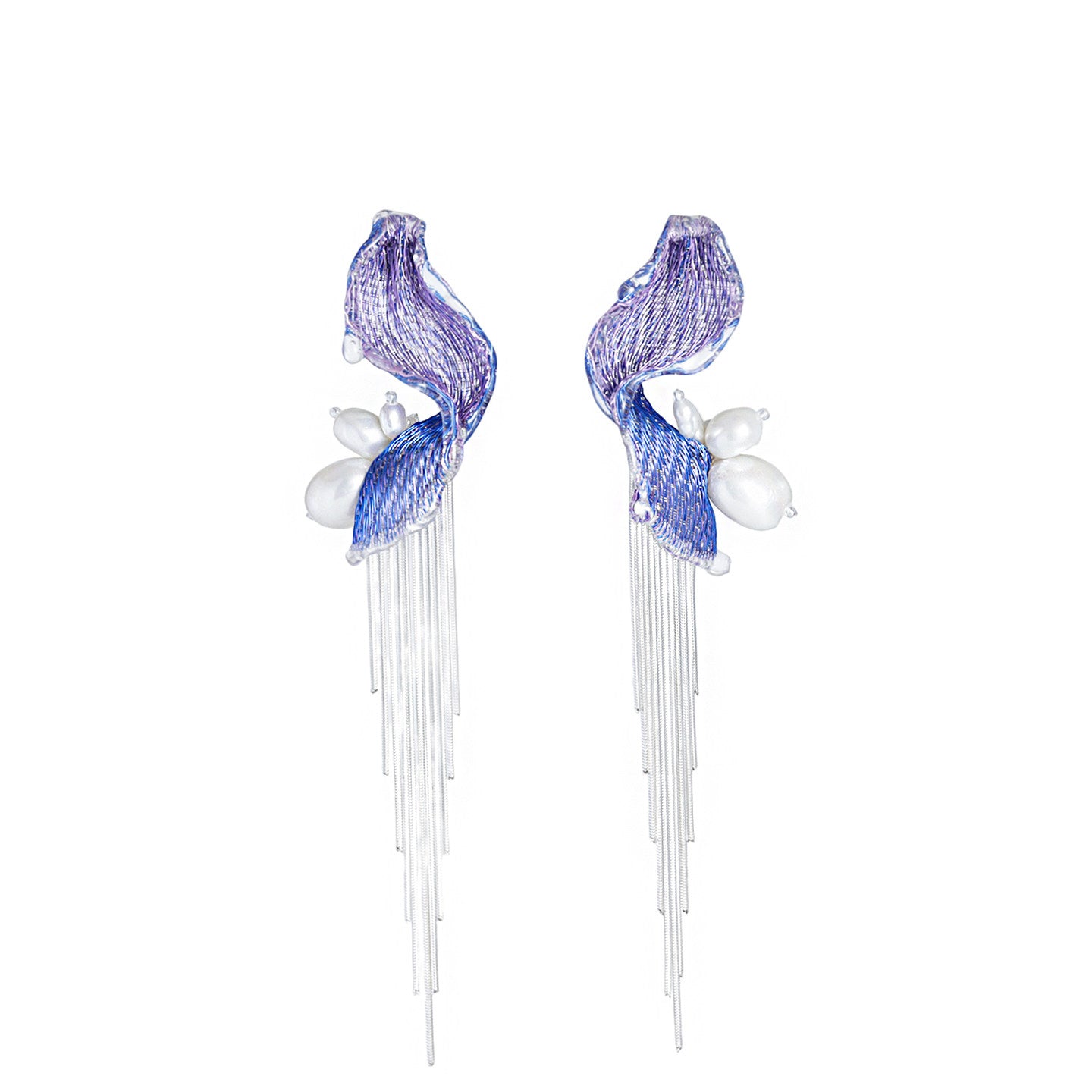 Avant-Garde Hand-Woven Metallic Mesh Wave Earrings - Deconstructed Violet-Blue Gradient Drop Earrings with Lustrous Droplets and Long Cascading Tassels  LUNA-X392