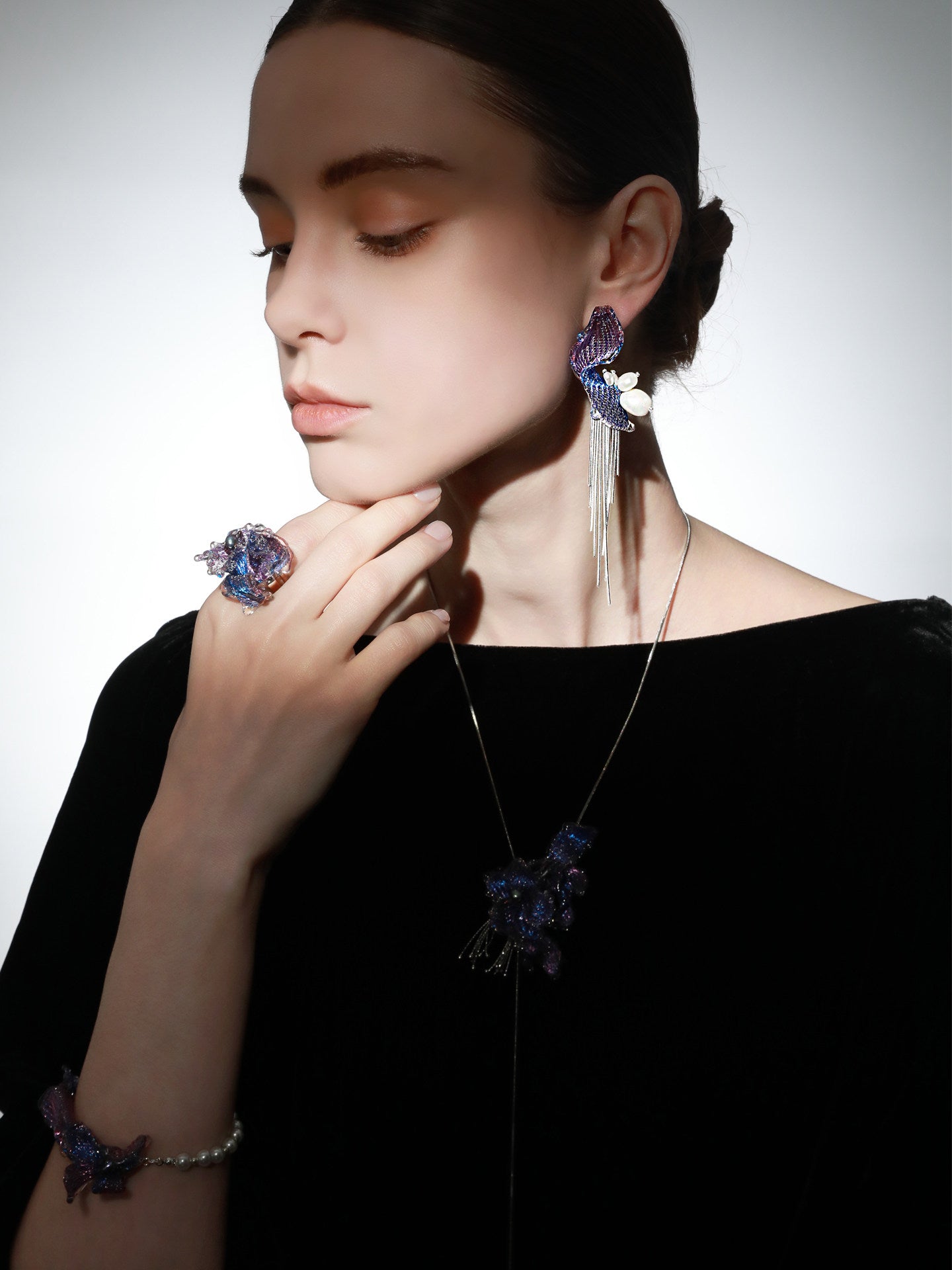 Avant-Garde Hand-Woven Metallic Mesh Wave Earrings - Deconstructed Violet-Blue Gradient Drop Earrings with Lustrous Droplets and Long Cascading Tassels  LUNA-X392