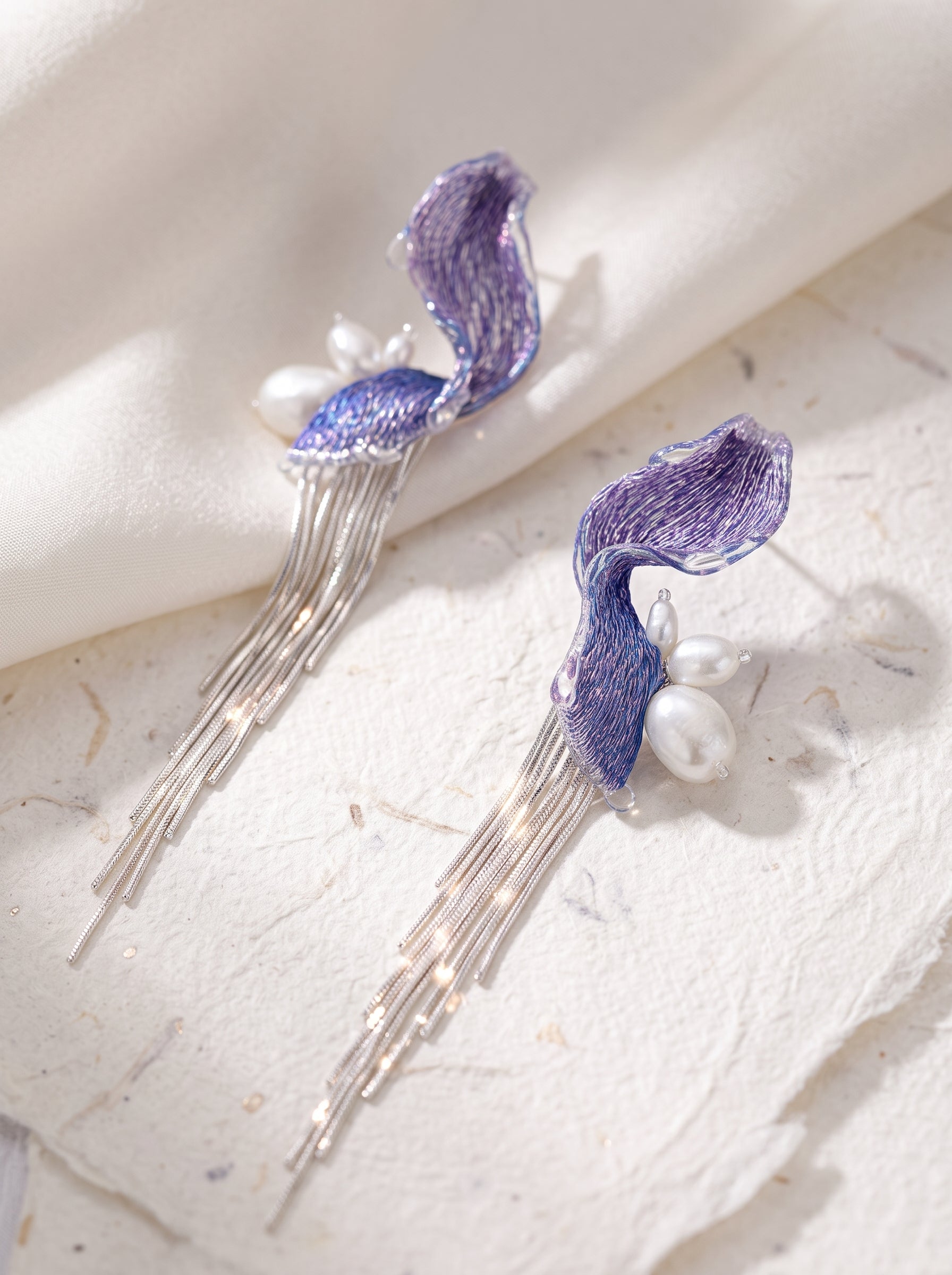 Avant-Garde Hand-Woven Metallic Mesh Wave Earrings - Deconstructed Violet-Blue Gradient Drop Earrings with Lustrous Droplets and Long Cascading Tassels  LUNA-X392