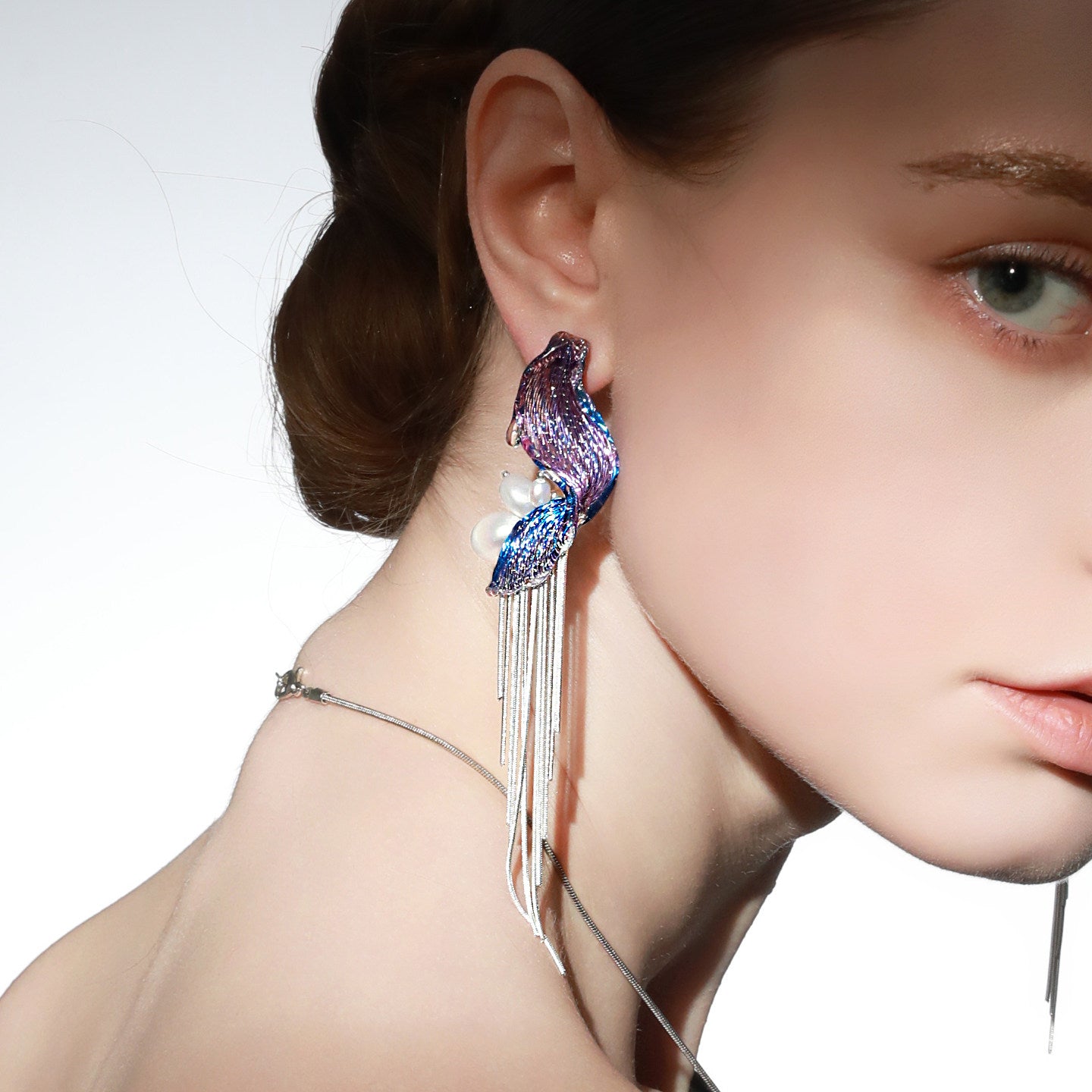 Avant-Garde Hand-Woven Metallic Mesh Wave Earrings - Deconstructed Violet-Blue Gradient Drop Earrings with Lustrous Droplets and Long Cascading Tassels  LUNA-X392