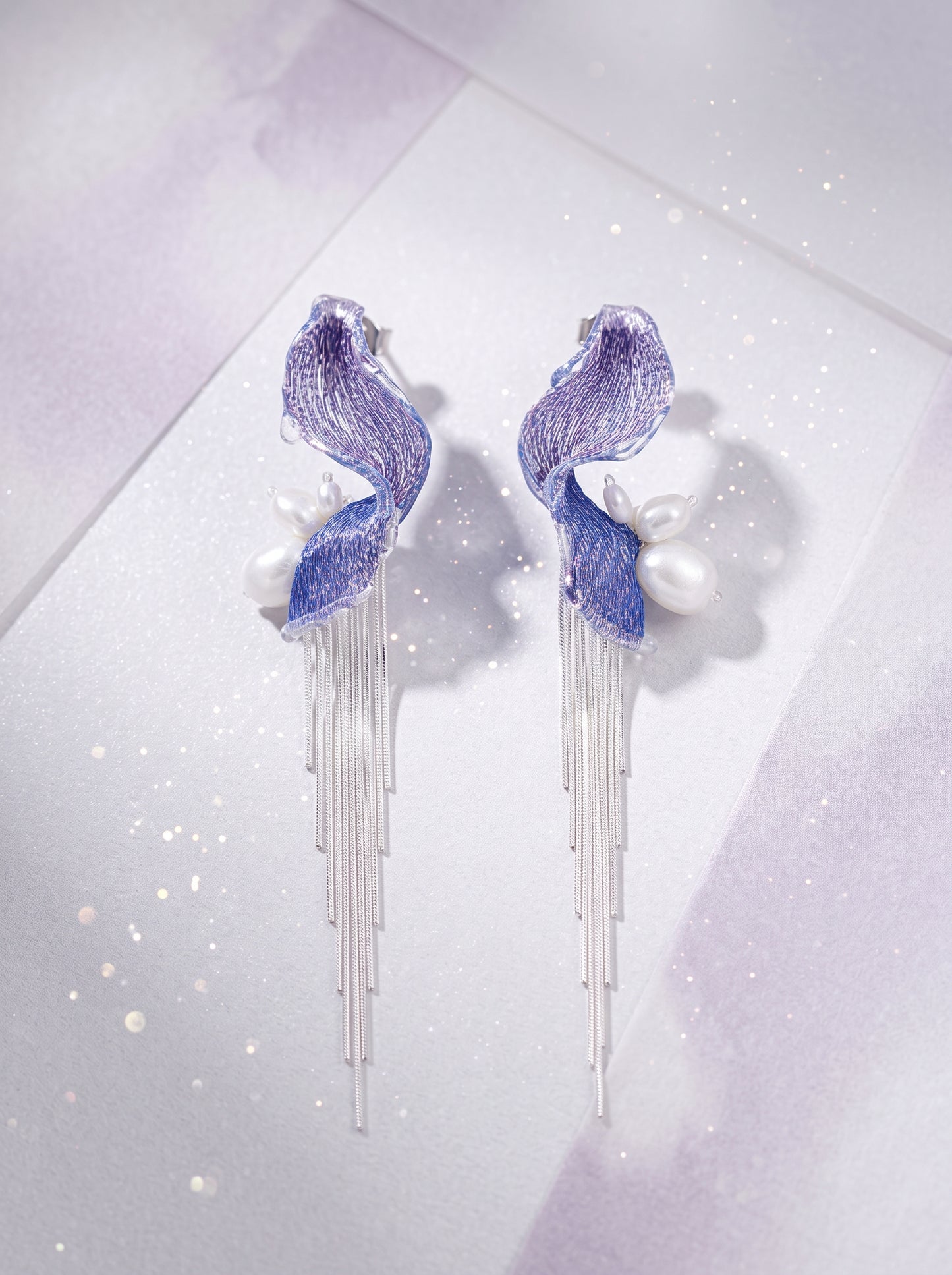 Avant-Garde Hand-Woven Metallic Mesh Wave Earrings - Deconstructed Violet-Blue Gradient Drop Earrings with Lustrous Droplets and Long Cascading Tassels  LUNA-X392