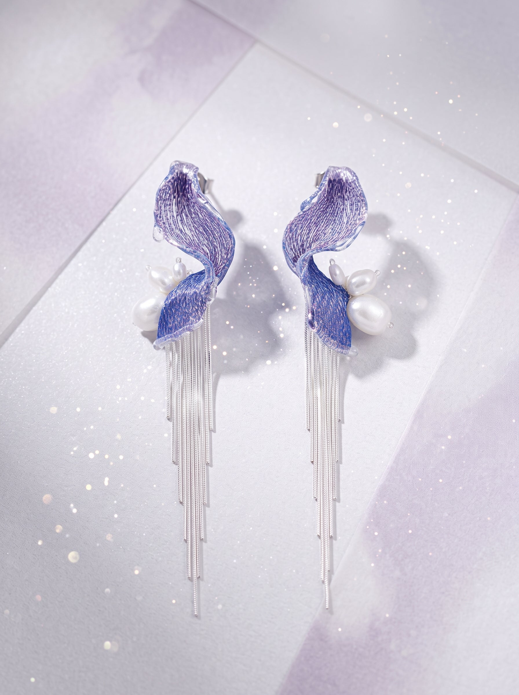 Avant-Garde Hand-Woven Metallic Mesh Wave Earrings - Deconstructed Violet-Blue Gradient Drop Earrings with Lustrous Droplets and Long Cascading Tassels  LUNA-X392