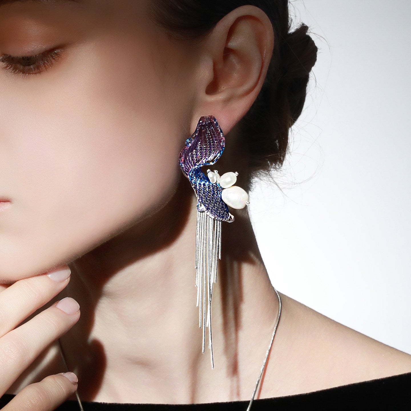 Avant-Garde Hand-Woven Metallic Mesh Wave Earrings - Deconstructed Violet-Blue Gradient Drop Earrings with Lustrous Droplets and Long Cascading Tassels  LUNA-X392