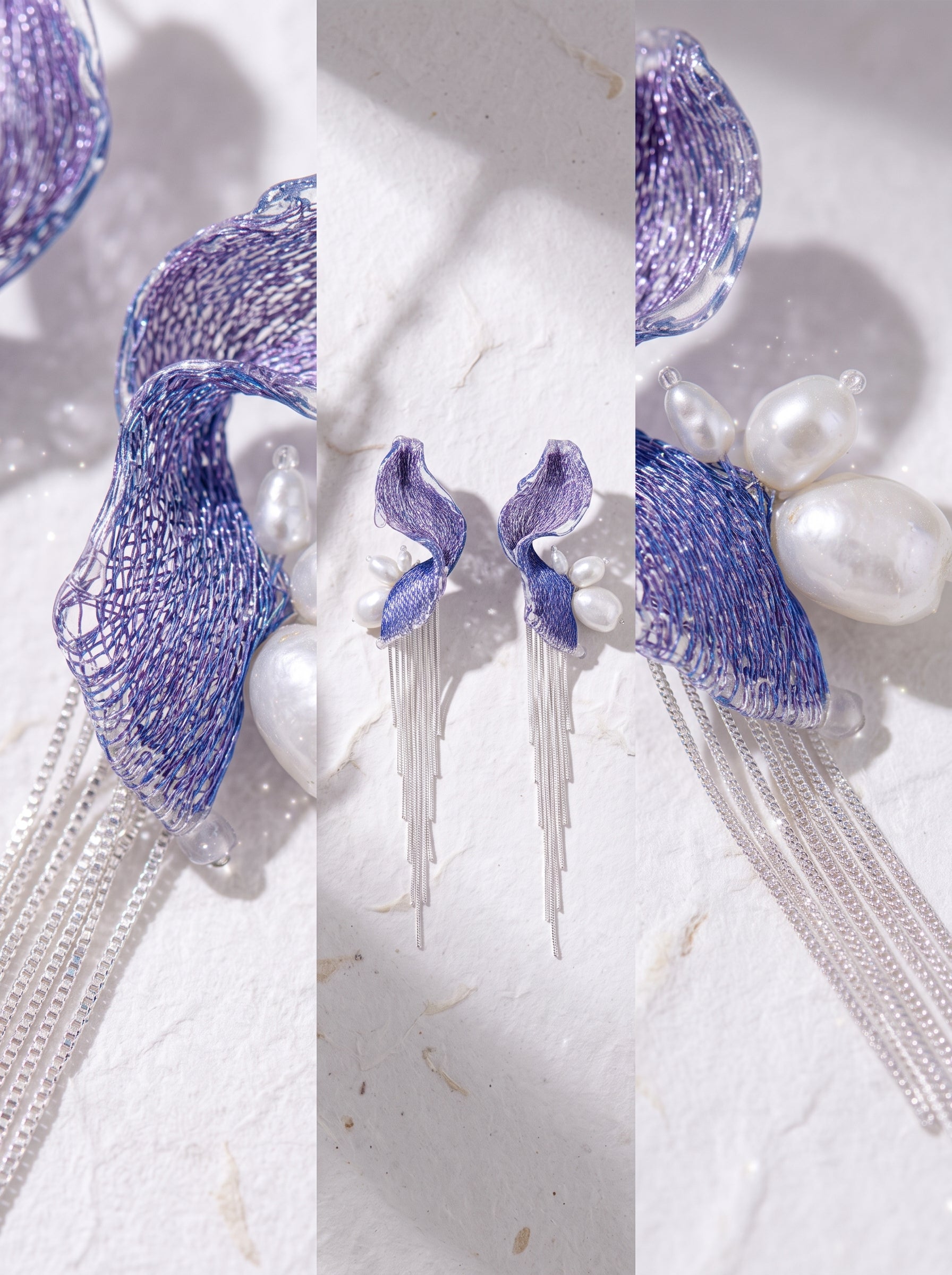 Avant-Garde Hand-Woven Metallic Mesh Wave Earrings - Deconstructed Violet-Blue Gradient Drop Earrings with Lustrous Droplets and Long Cascading Tassels  LUNA-X392