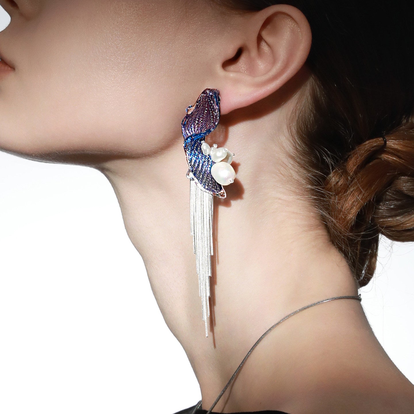 Avant-Garde Hand-Woven Metallic Mesh Wave Earrings - Deconstructed Violet-Blue Gradient Drop Earrings with Lustrous Droplets and Long Cascading Tassels  LUNA-X392