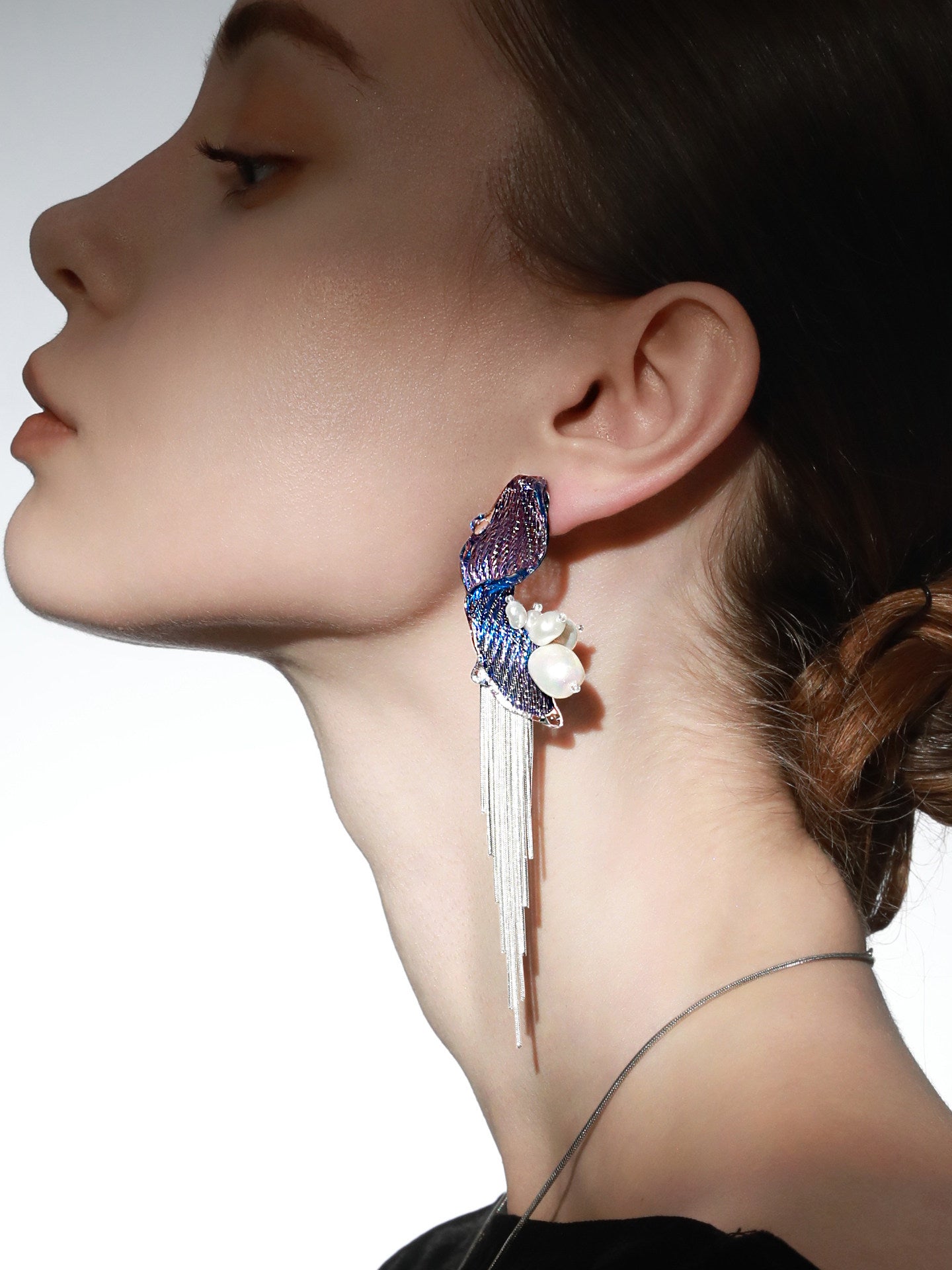 Avant-Garde Hand-Woven Metallic Mesh Wave Earrings - Deconstructed Violet-Blue Gradient Drop Earrings with Lustrous Droplets and Long Cascading Tassels  LUNA-X392