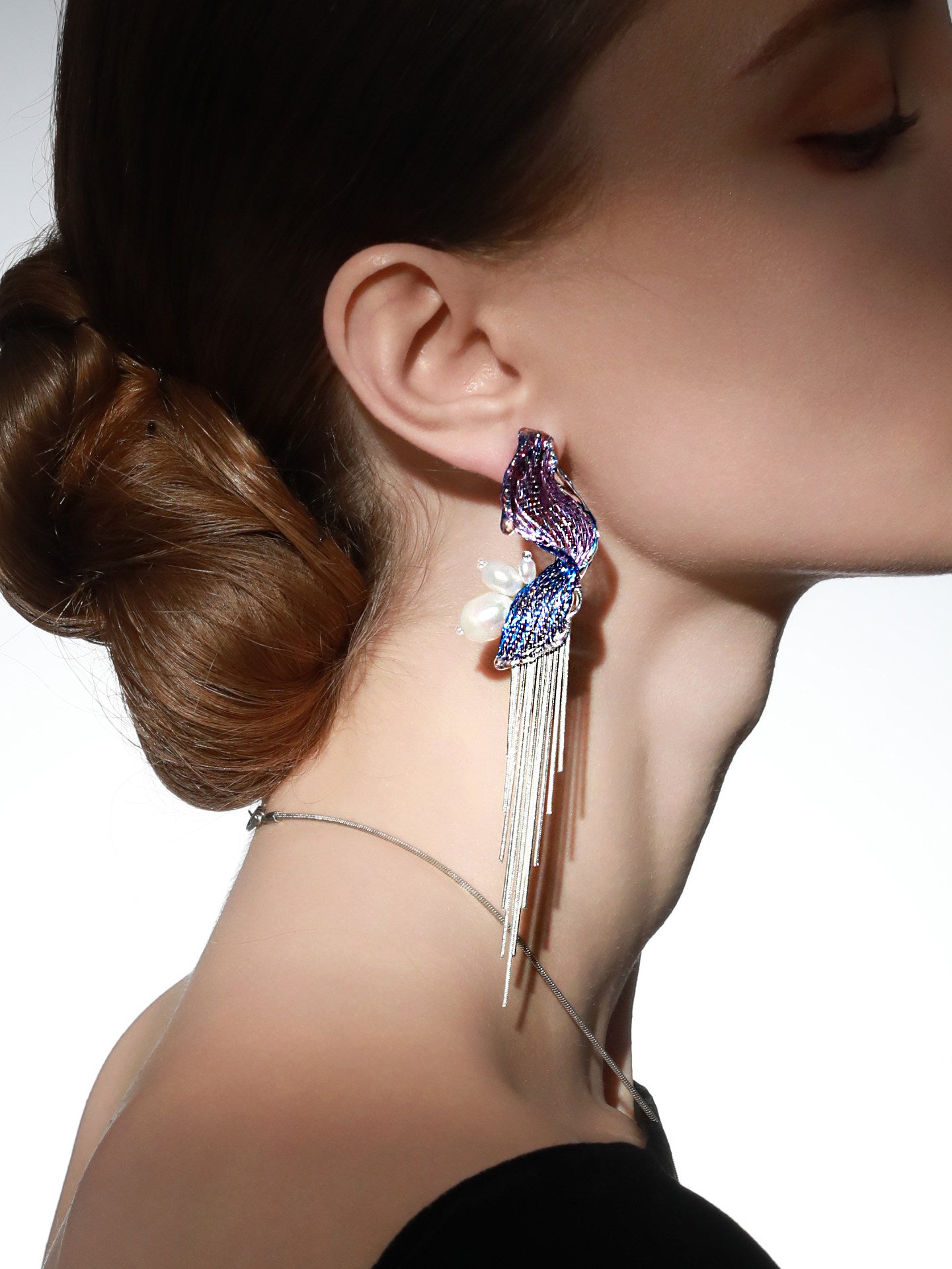 Avant-Garde Hand-Woven Metallic Mesh Wave Earrings - Deconstructed Violet-Blue Gradient Drop Earrings with Lustrous Droplets and Long Cascading Tassels  LUNA-X392