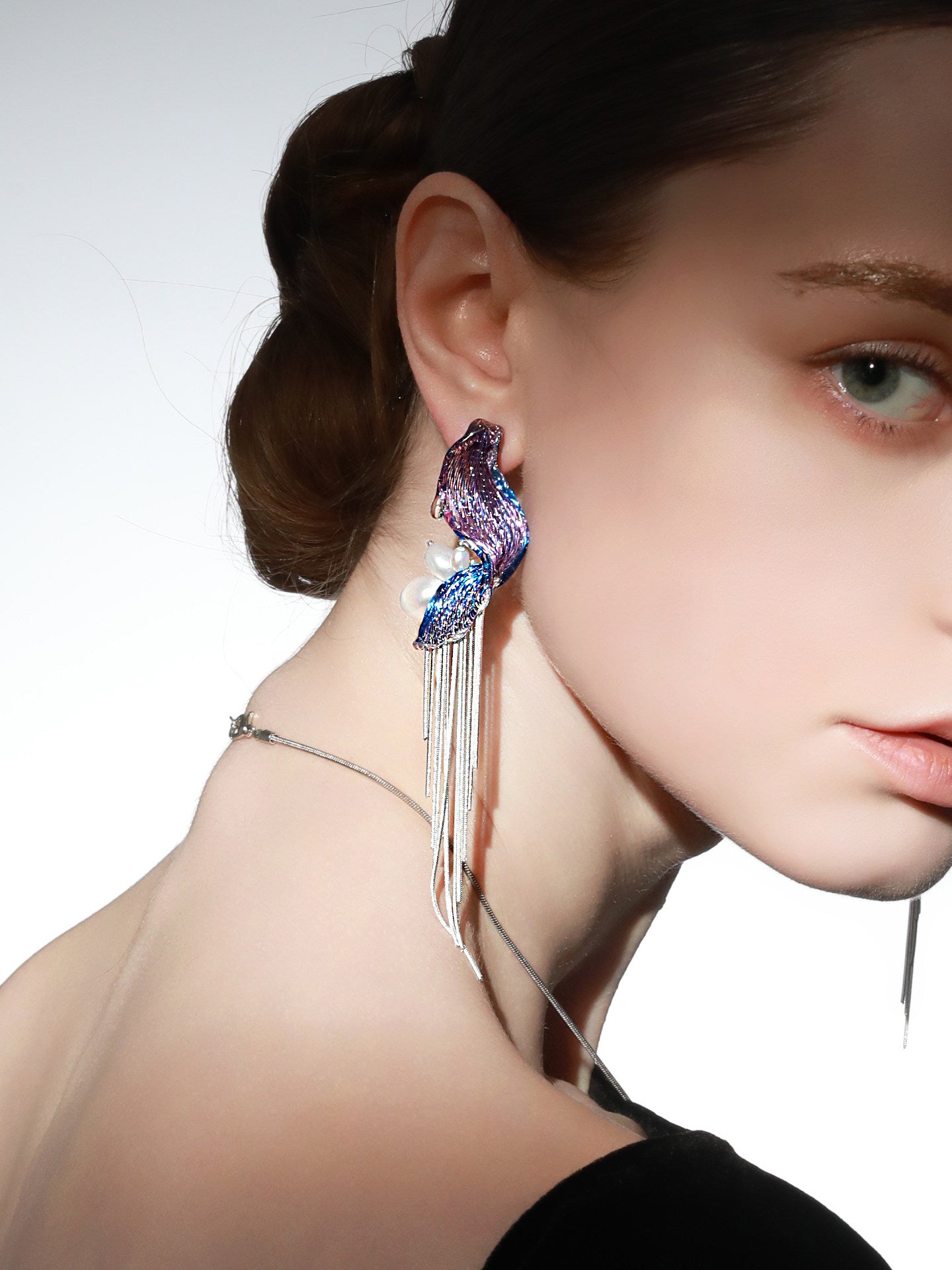 Avant-Garde Hand-Woven Metallic Mesh Wave Earrings - Deconstructed Violet-Blue Gradient Drop Earrings with Lustrous Droplets and Long Cascading Tassels  LUNA-X392