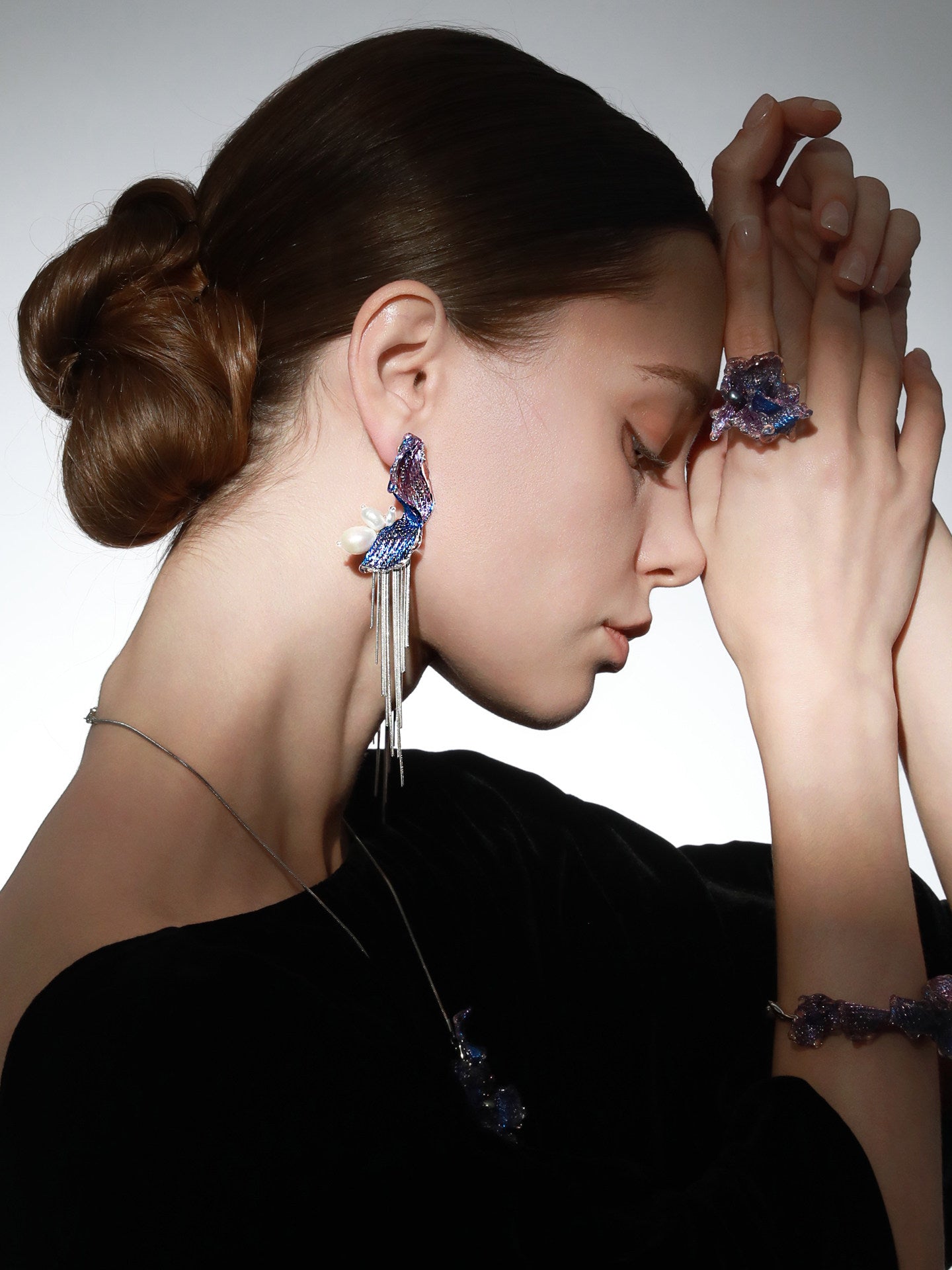 Avant-Garde Hand-Woven Metallic Mesh Wave Earrings - Deconstructed Violet-Blue Gradient Drop Earrings with Lustrous Droplets and Long Cascading Tassels  LUNA-X392