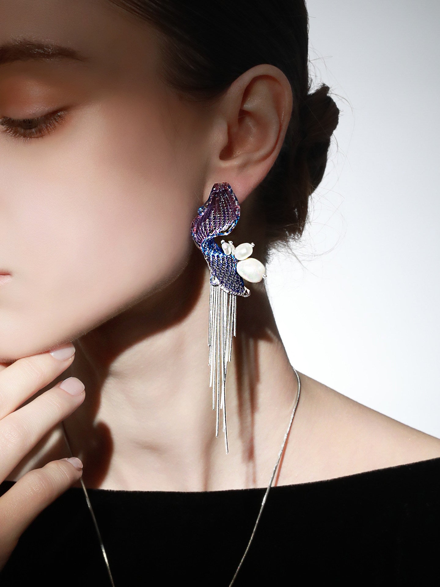 Avant-Garde Hand-Woven Metallic Mesh Wave Earrings - Deconstructed Violet-Blue Gradient Drop Earrings with Lustrous Droplets and Long Cascading Tassels  LUNA-X392