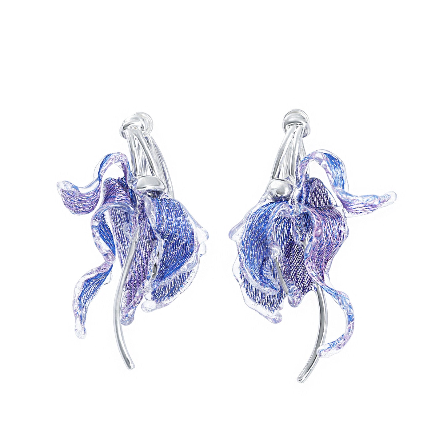 Avant-Garde Hand-Woven Metallic Mesh Cascade Petal Earrings - Deconstructed Violet-Blue Gradient Botanical Drops with Curved Alloy Stem LUNA-X393