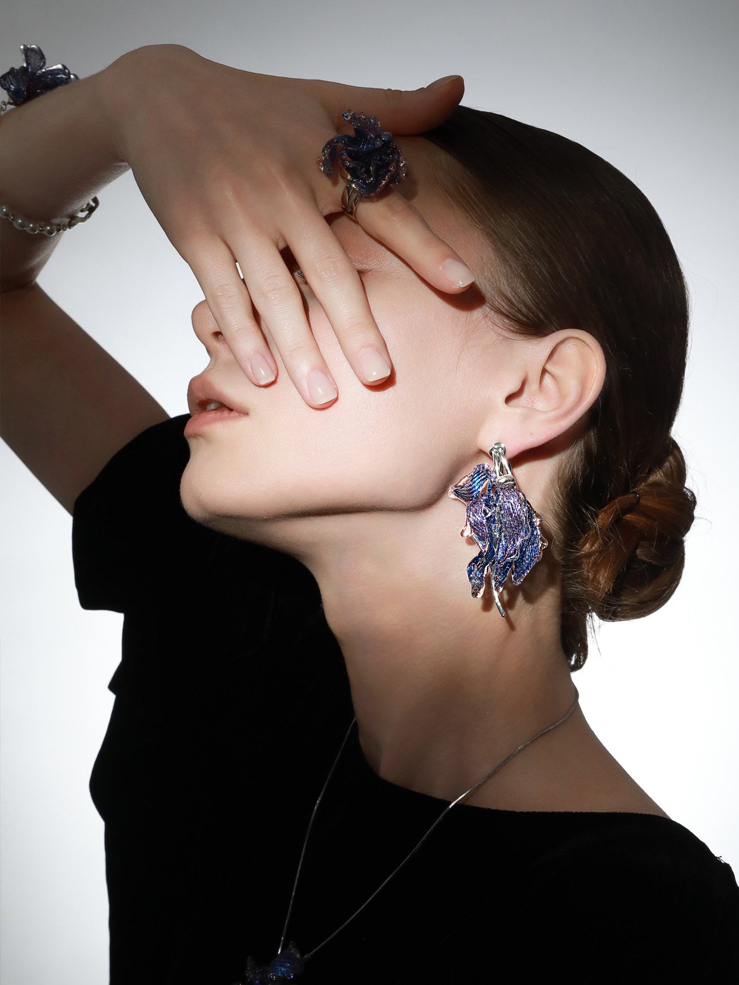 Avant-Garde Hand-Woven Metallic Mesh Cascade Petal Earrings - Deconstructed Violet-Blue Gradient Botanical Drops with Curved Alloy Stem LUNA-X393