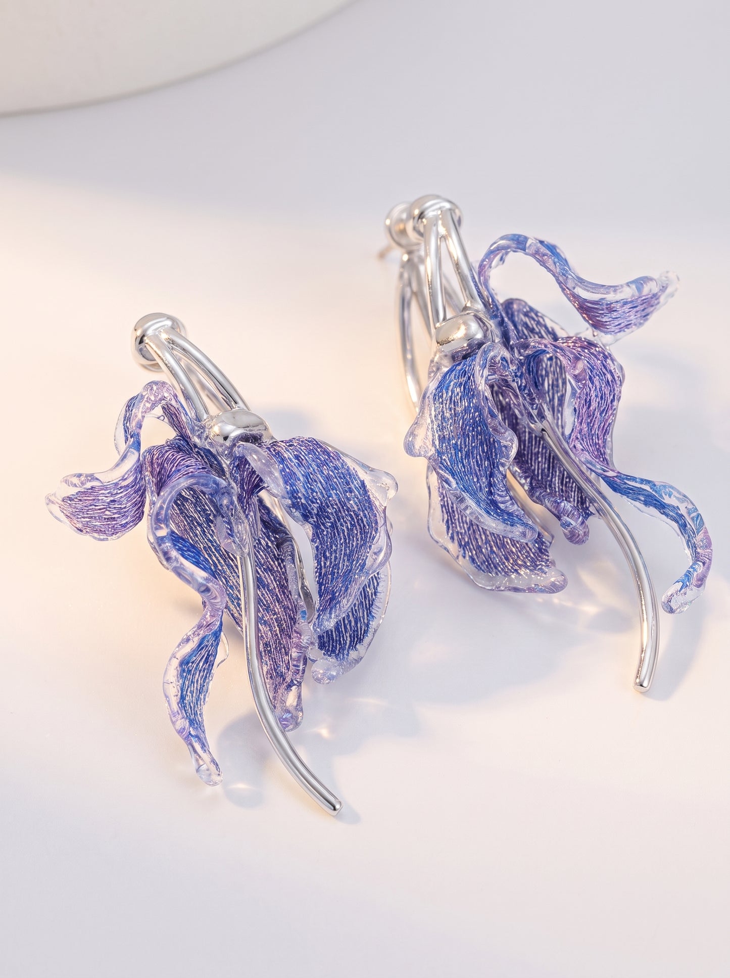 Avant-Garde Hand-Woven Metallic Mesh Cascade Petal Earrings - Deconstructed Violet-Blue Gradient Botanical Drops with Curved Alloy Stem LUNA-X393