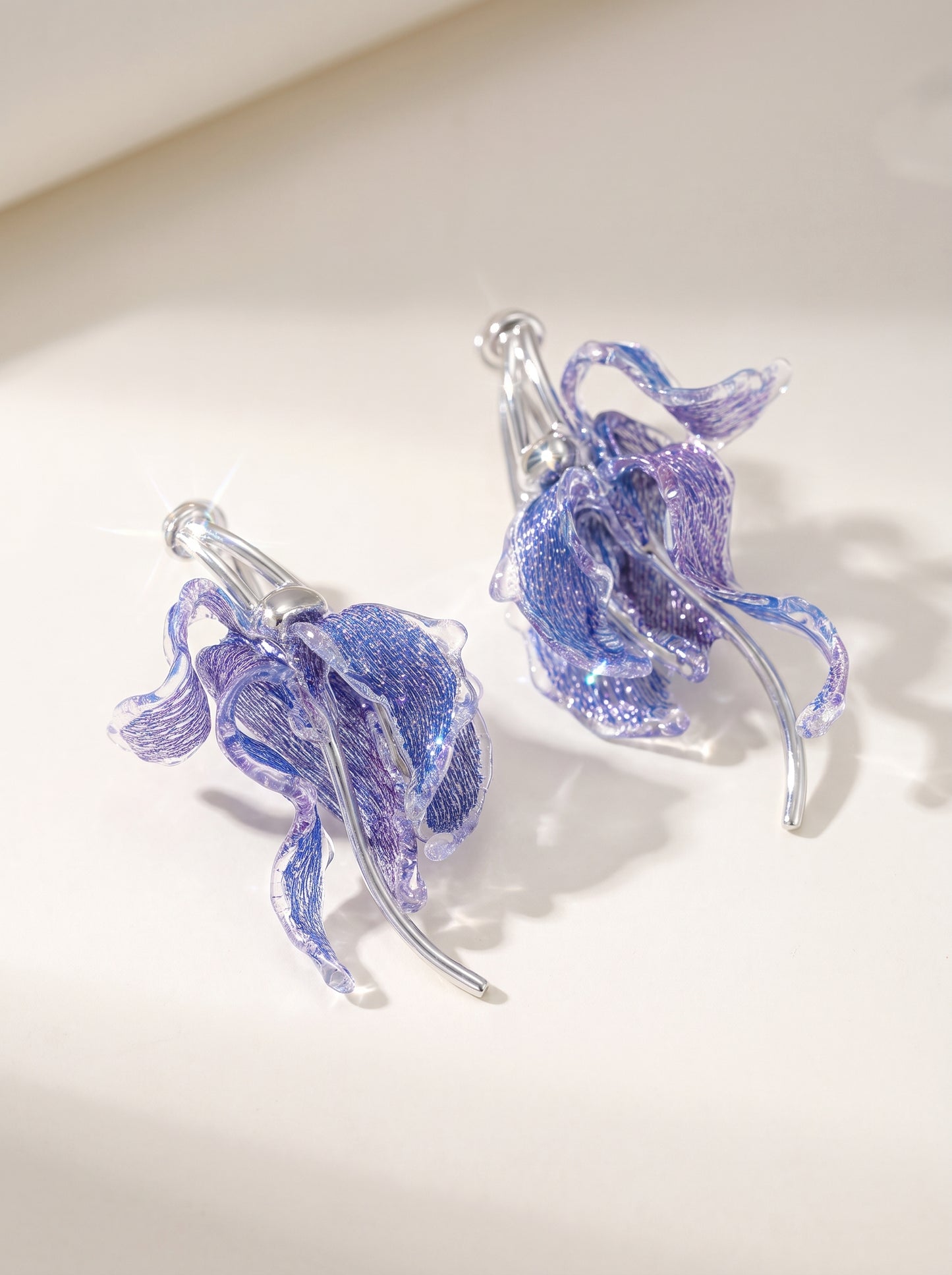 Avant-Garde Hand-Woven Metallic Mesh Cascade Petal Earrings - Deconstructed Violet-Blue Gradient Botanical Drops with Curved Alloy Stem LUNA-X393