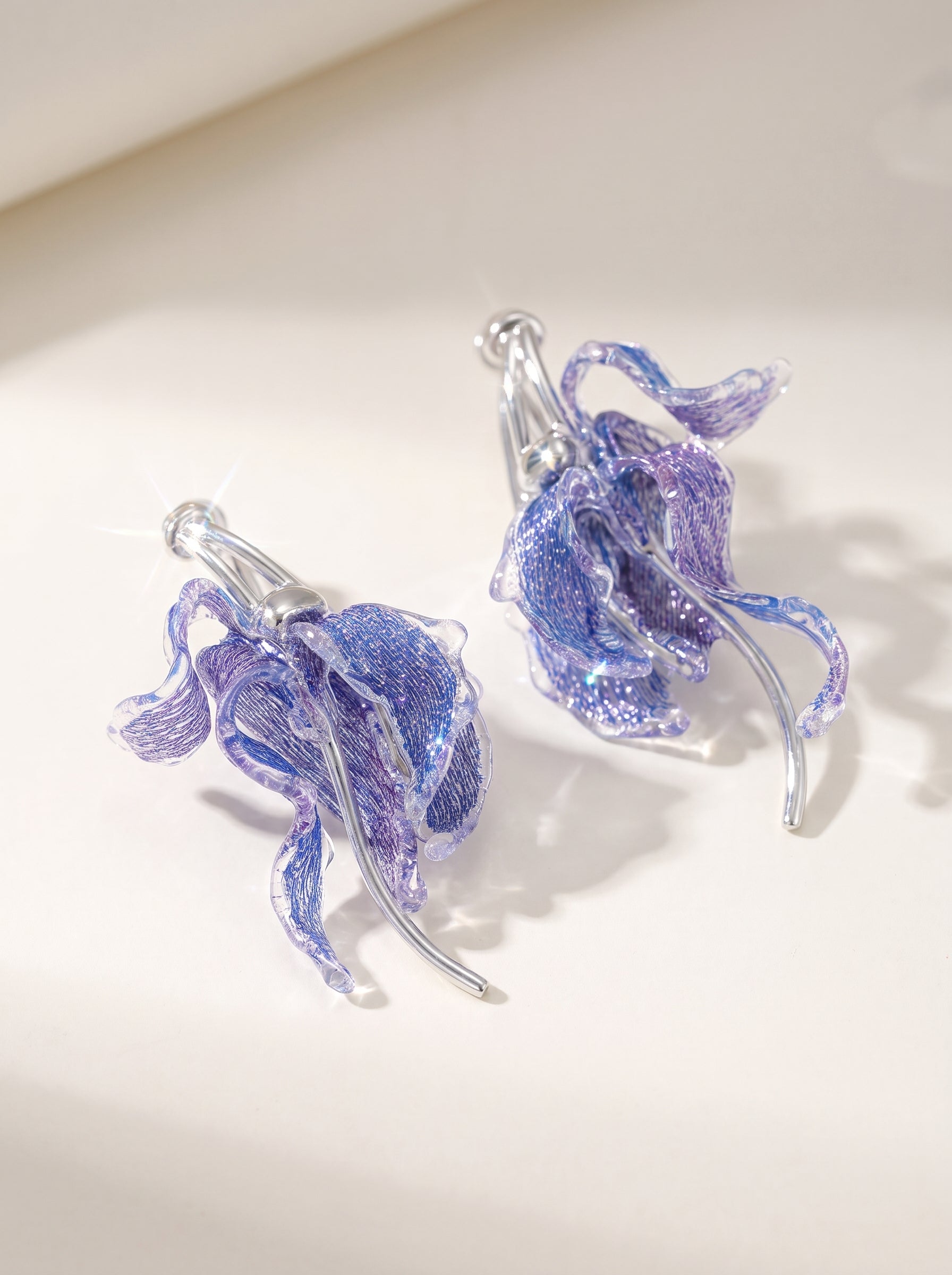 Avant-Garde Hand-Woven Metallic Mesh Cascade Petal Earrings - Deconstructed Violet-Blue Gradient Botanical Drops with Curved Alloy Stem LUNA-X393