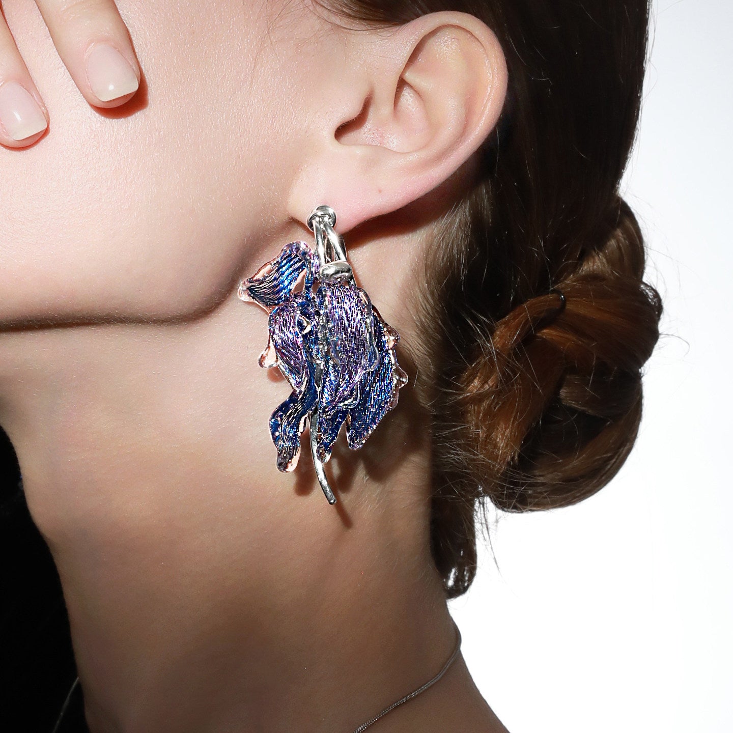 Avant-Garde Hand-Woven Metallic Mesh Cascade Petal Earrings - Deconstructed Violet-Blue Gradient Botanical Drops with Curved Alloy Stem LUNA-X393
