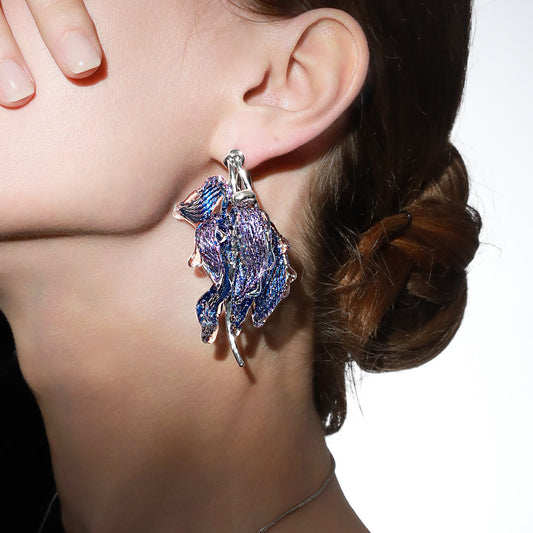 Avant-Garde Hand-Woven Metallic Mesh Cascade Petal Earrings - Deconstructed Violet-Blue Gradient Botanical Drops with Curved Alloy Stem LUNA-X393