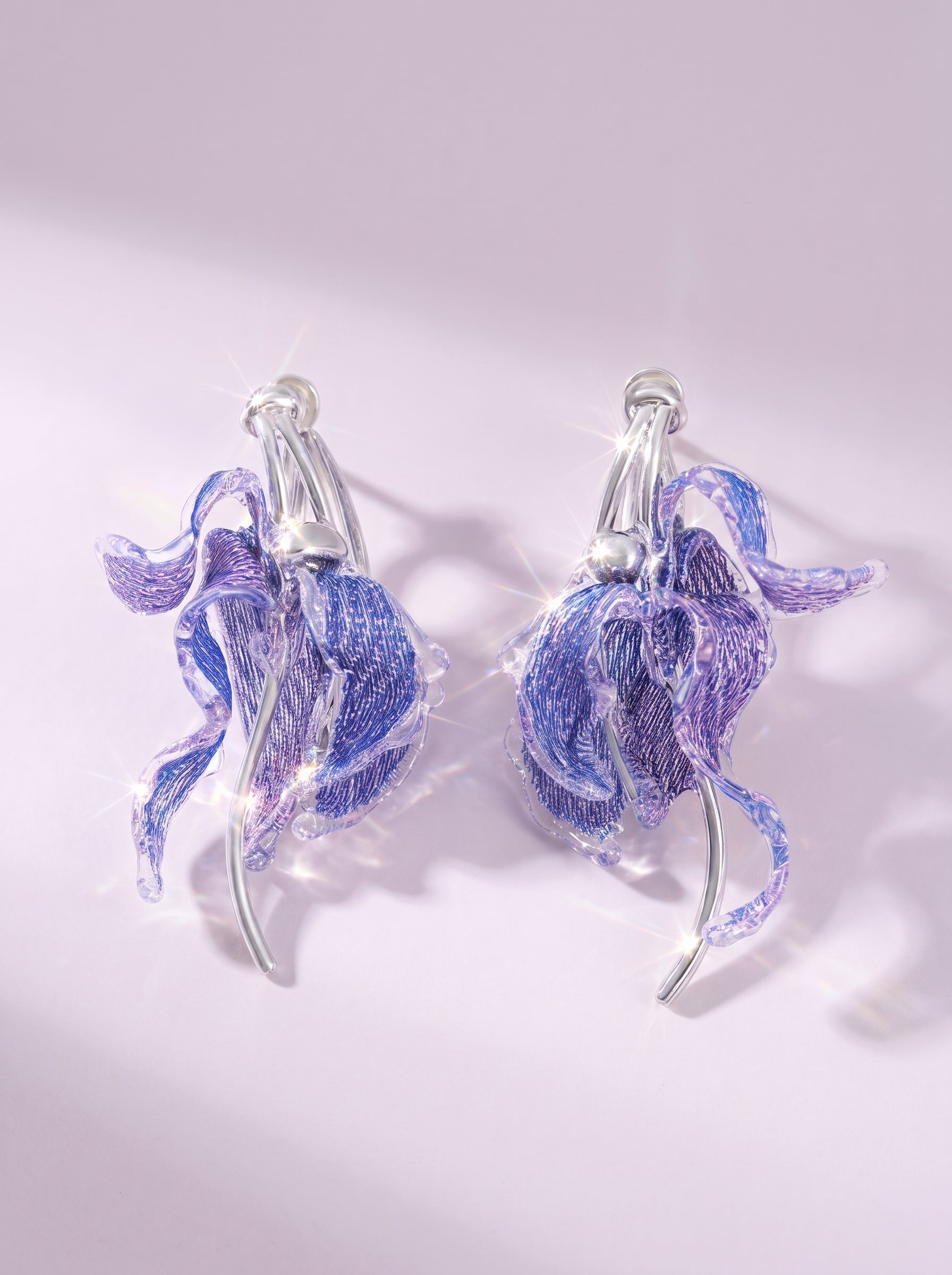 Avant-Garde Hand-Woven Metallic Mesh Cascade Petal Earrings - Deconstructed Violet-Blue Gradient Botanical Drops with Curved Alloy Stem LUNA-X393