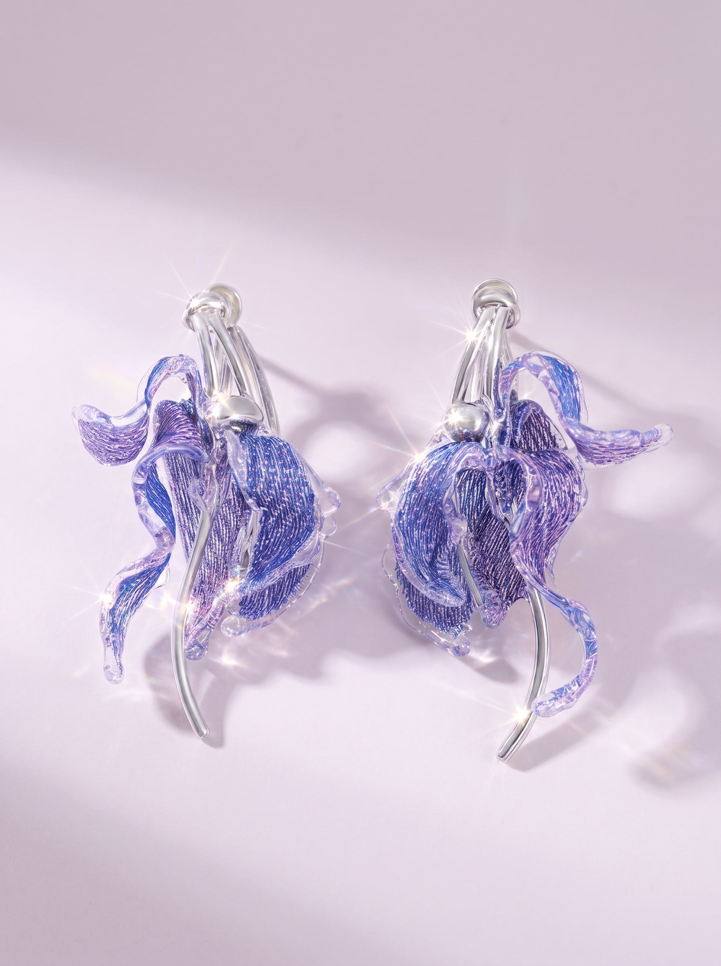 Avant-Garde Hand-Woven Metallic Mesh Cascade Petal Earrings - Deconstructed Violet-Blue Gradient Botanical Drops with Curved Alloy Stem LUNA-X393