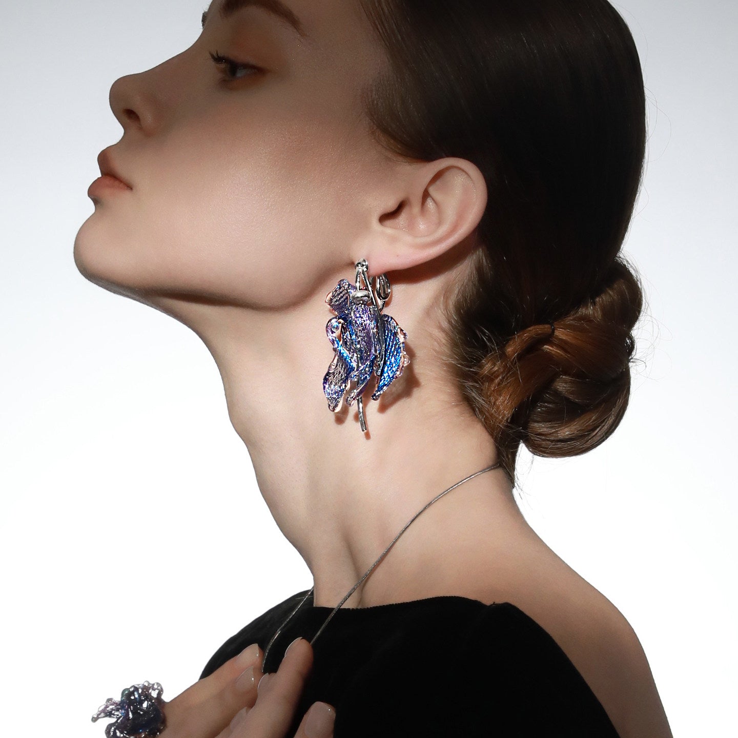 Avant-Garde Hand-Woven Metallic Mesh Cascade Petal Earrings - Deconstructed Violet-Blue Gradient Botanical Drops with Curved Alloy Stem LUNA-X393