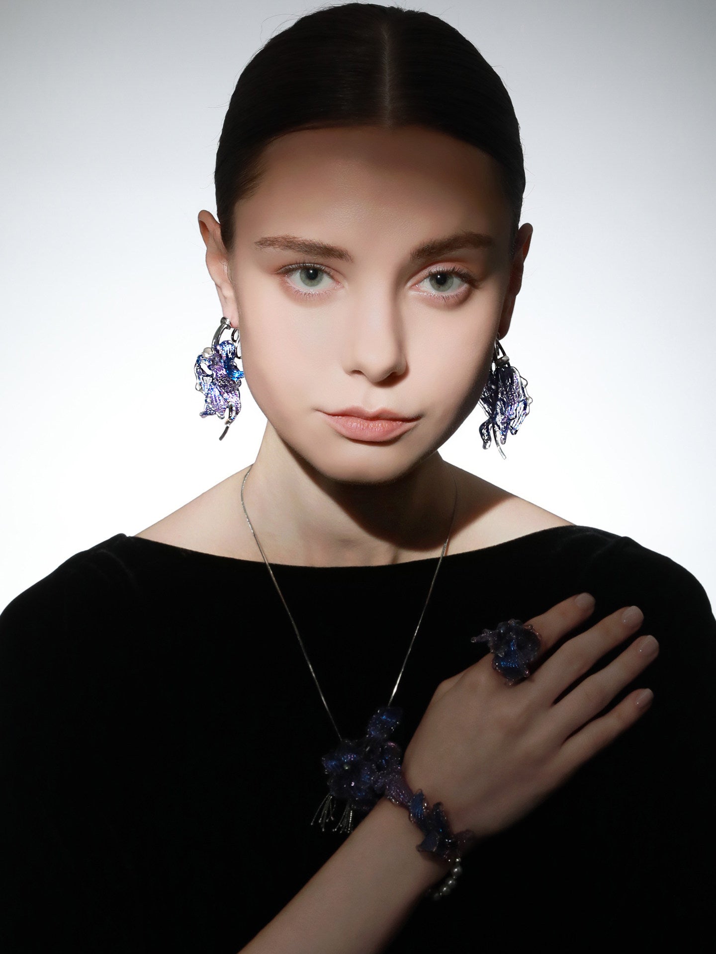 Avant-Garde Hand-Woven Metallic Mesh Cascade Petal Earrings - Deconstructed Violet-Blue Gradient Botanical Drops with Curved Alloy Stem LUNA-X393