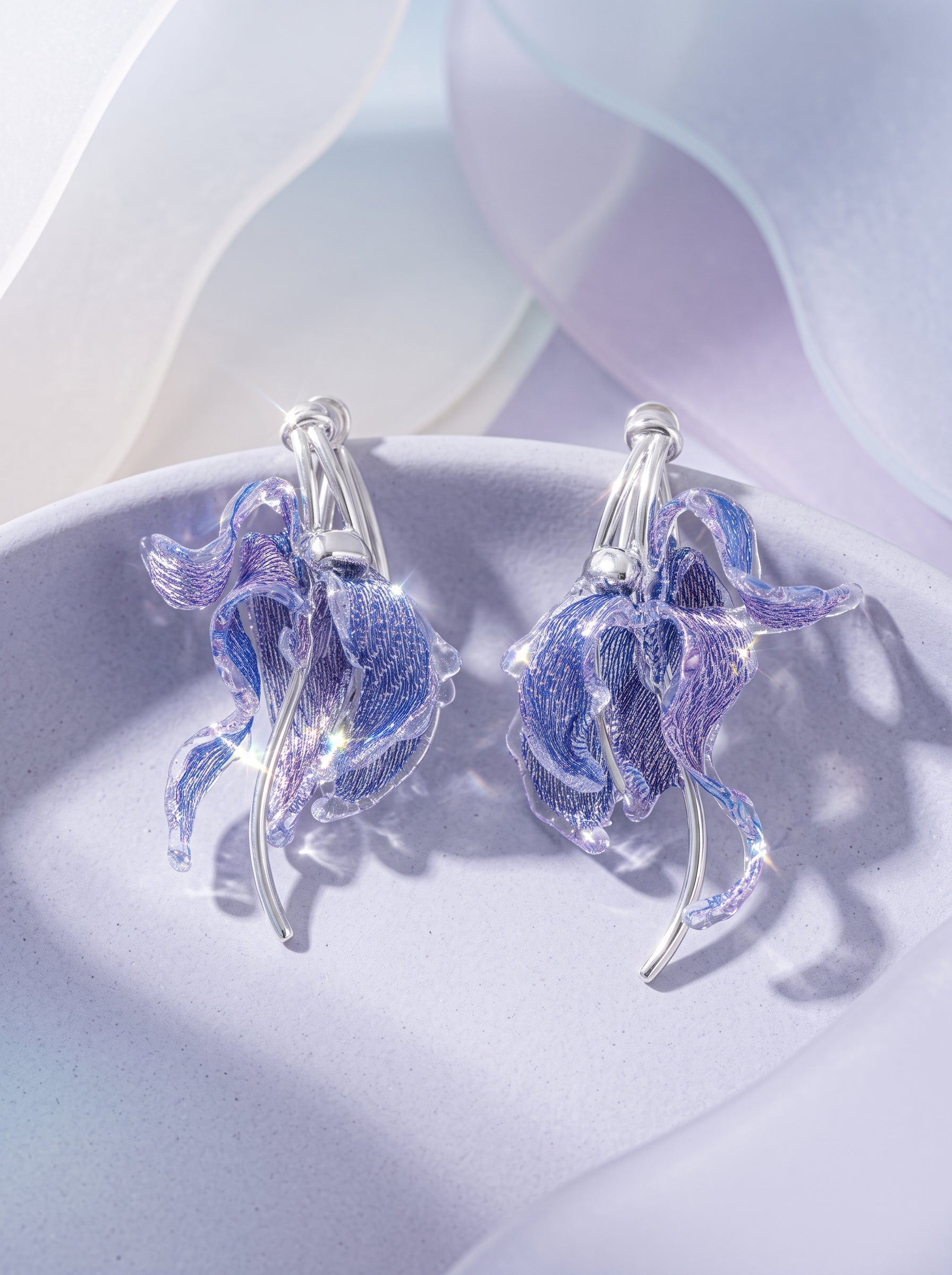 Avant-Garde Hand-Woven Metallic Mesh Cascade Petal Earrings - Deconstructed Violet-Blue Gradient Botanical Drops with Curved Alloy Stem LUNA-X393