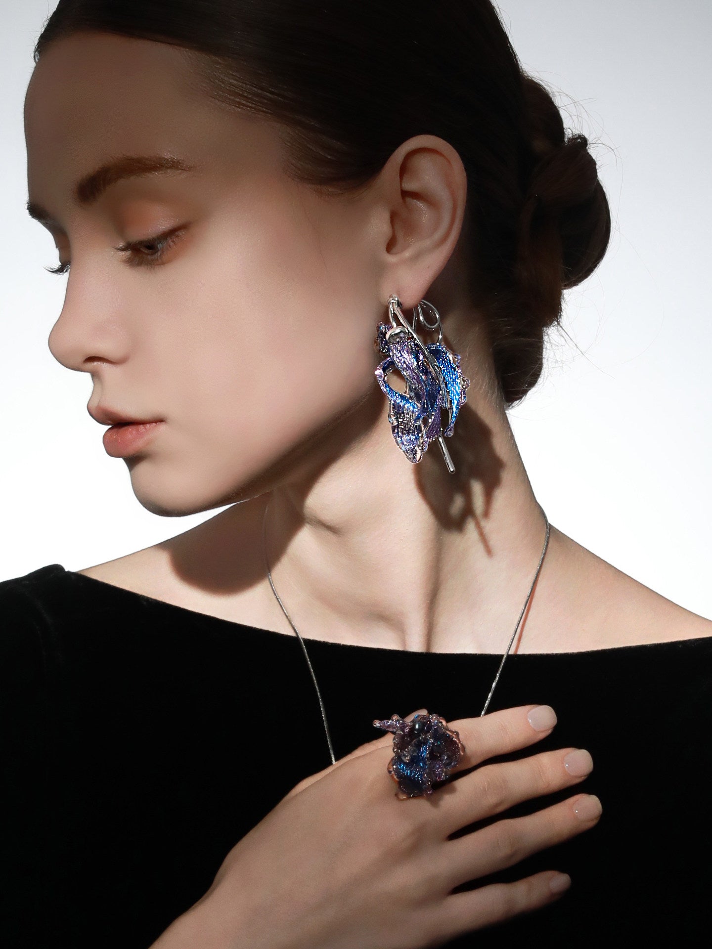 Avant-Garde Hand-Woven Metallic Mesh Cascade Petal Earrings - Deconstructed Violet-Blue Gradient Botanical Drops with Curved Alloy Stem LUNA-X393