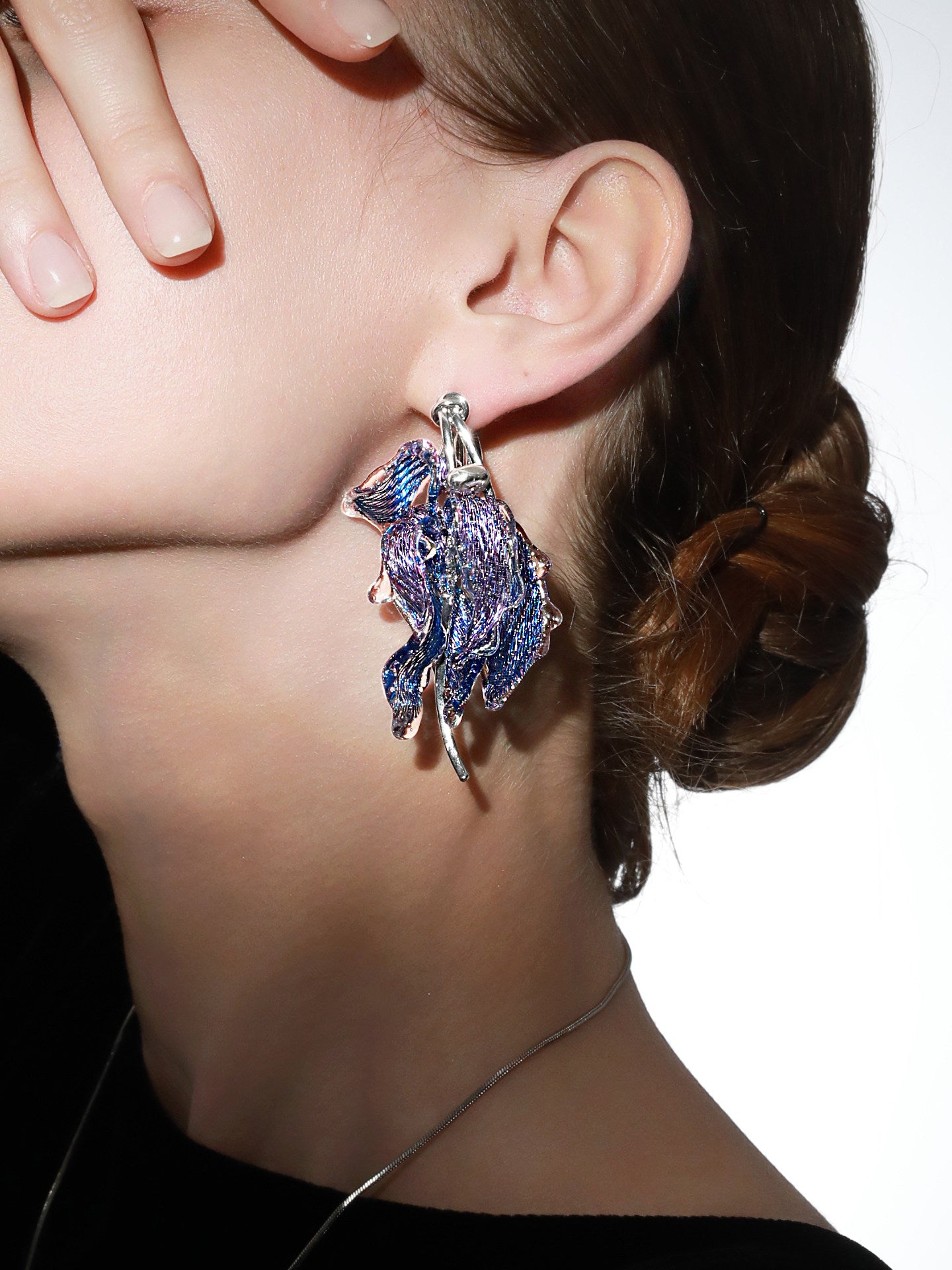 Avant-Garde Hand-Woven Metallic Mesh Cascade Petal Earrings - Deconstructed Violet-Blue Gradient Botanical Drops with Curved Alloy Stem LUNA-X393