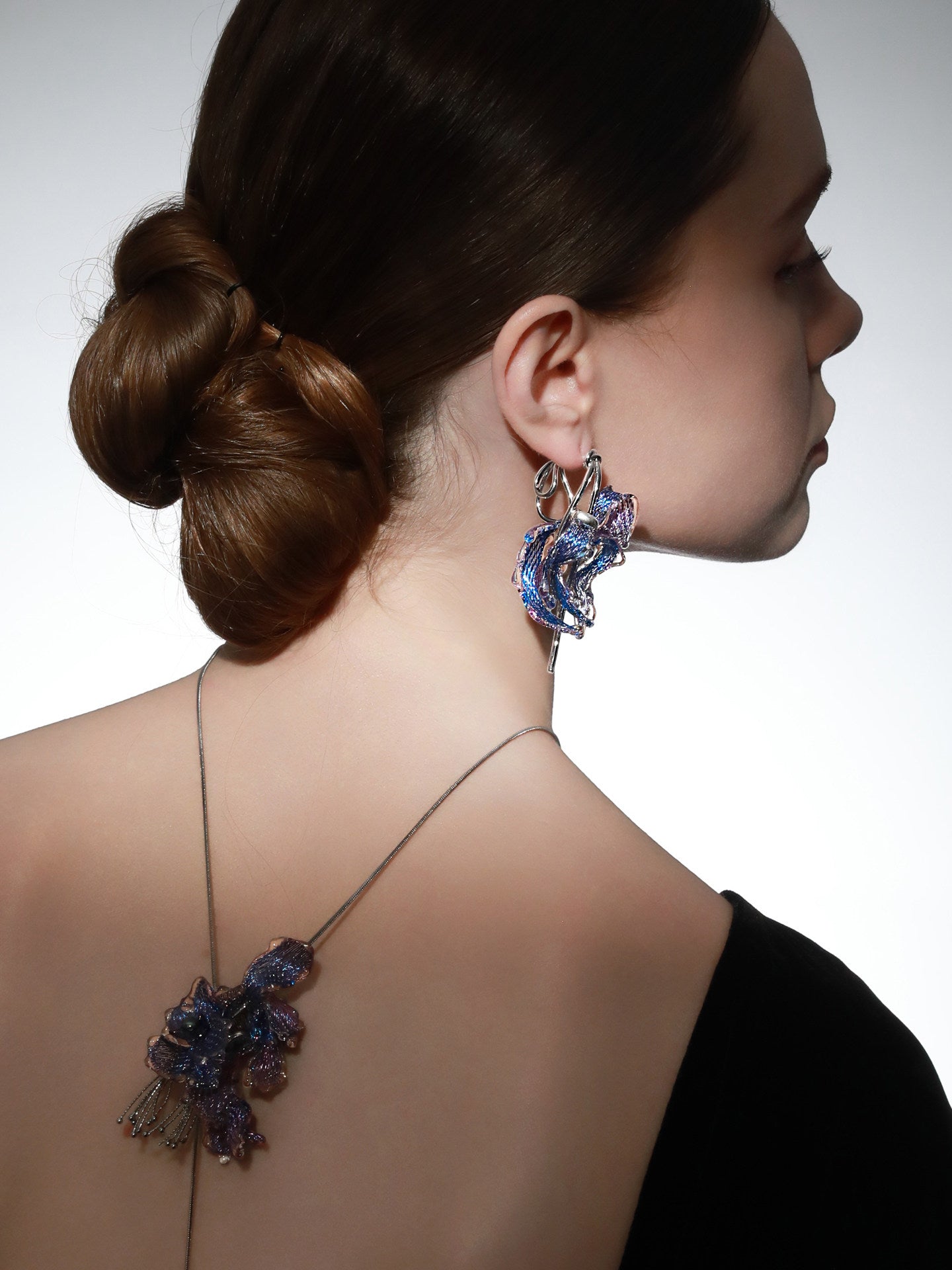 Avant-Garde Hand-Woven Metallic Mesh Cascade Petal Earrings - Deconstructed Violet-Blue Gradient Botanical Drops with Curved Alloy Stem LUNA-X393