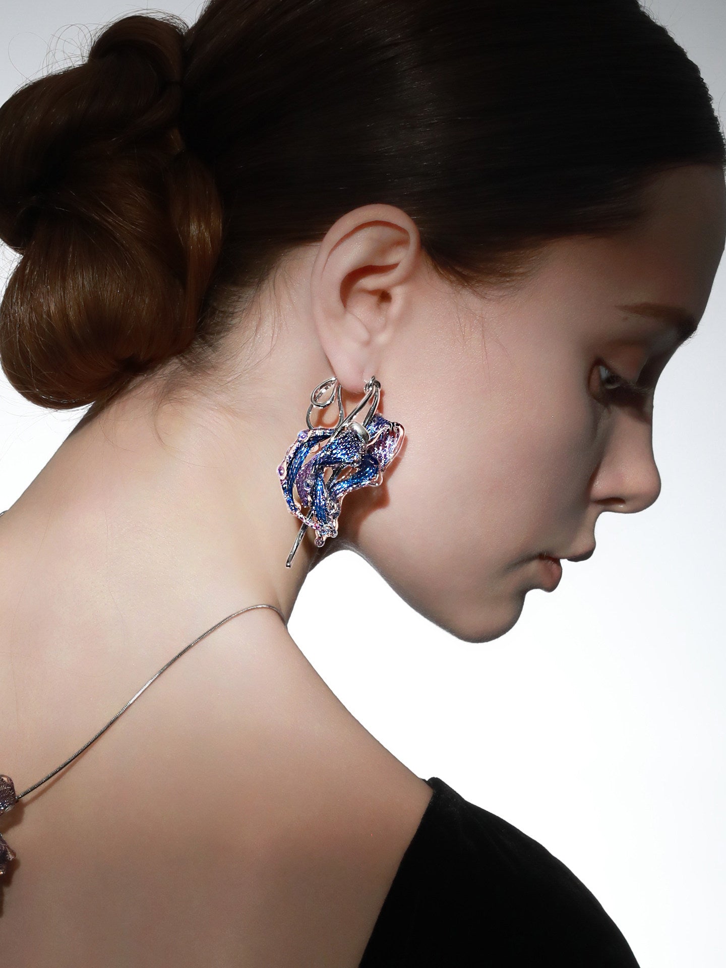 Avant-Garde Hand-Woven Metallic Mesh Cascade Petal Earrings - Deconstructed Violet-Blue Gradient Botanical Drops with Curved Alloy Stem LUNA-X393