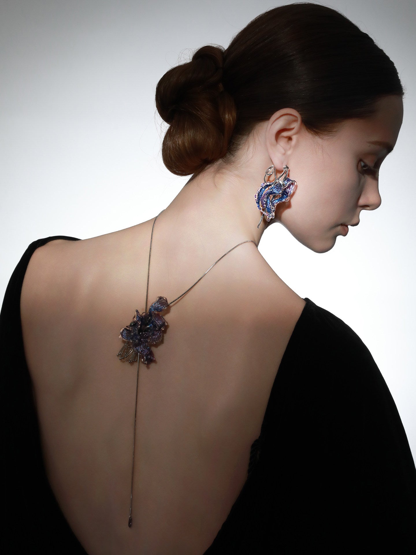 Avant-Garde Hand-Woven Metallic Mesh Cascade Petal Earrings - Deconstructed Violet-Blue Gradient Botanical Drops with Curved Alloy Stem LUNA-X393