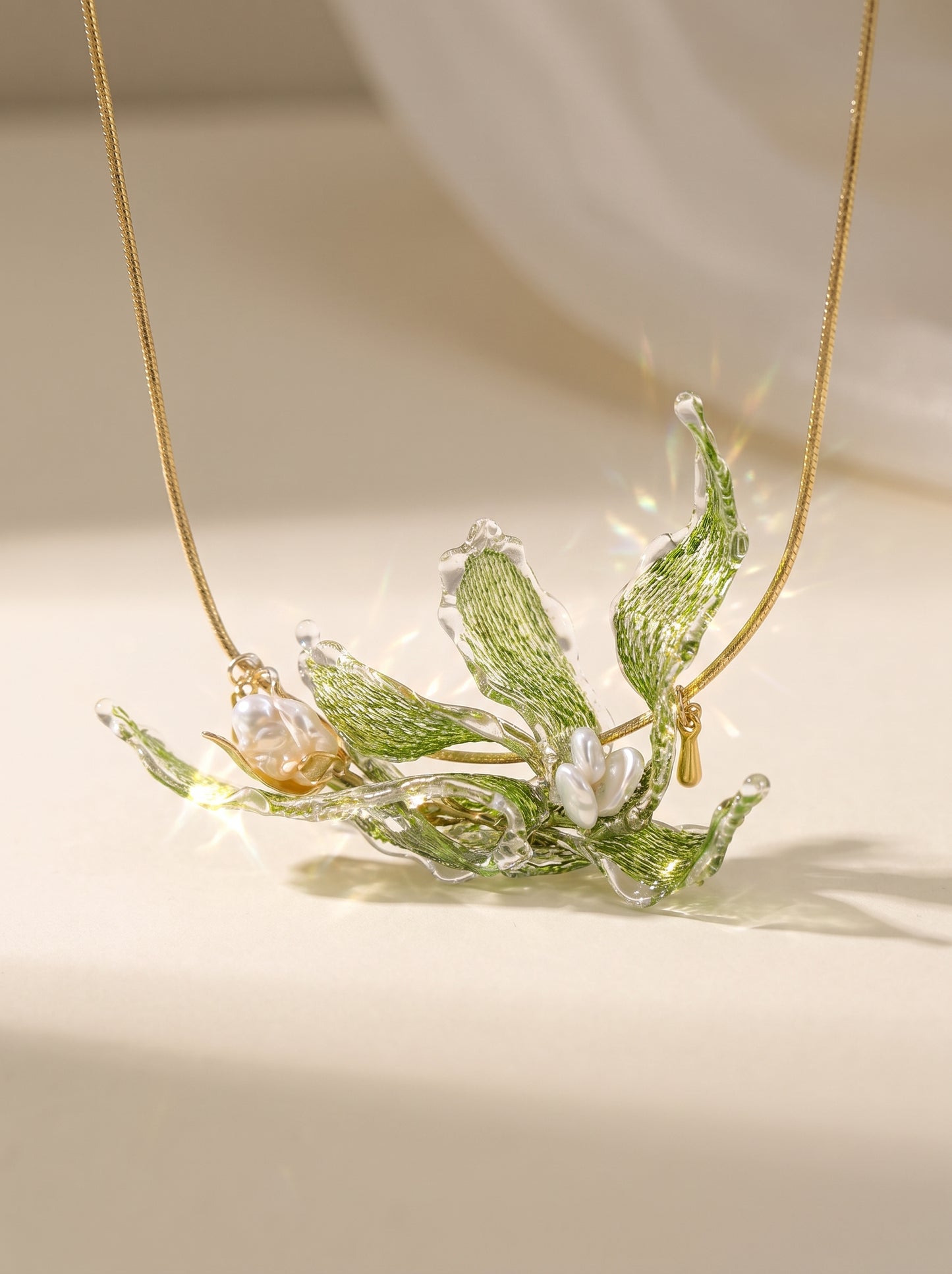Avant-Garde Hand-Woven Metallic Leaf Necklace - Deconstructed Tender Green Botanical Choker with Clear Melting Ice Border LUNA-X394