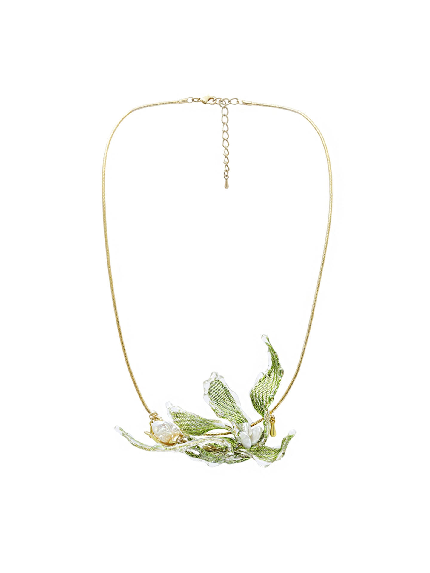 Avant-Garde Hand-Woven Metallic Leaf Necklace - Deconstructed Tender Green Botanical Choker with Clear Melting Ice Border LUNA-X394