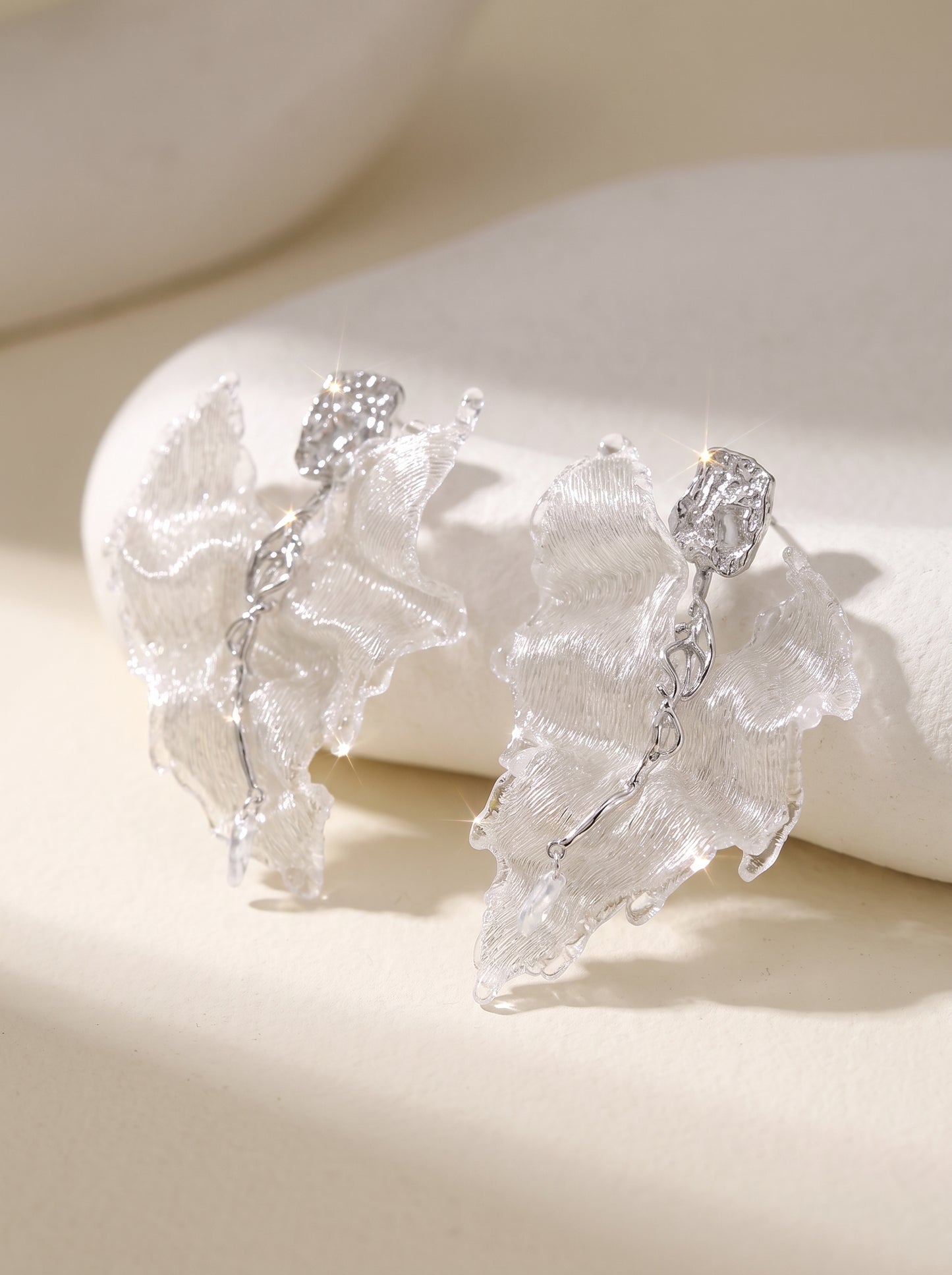 Avant-Garde Hand-Woven Metallic Ruffled Leaf Earrings - Deconstructed Glacial White Petal Studs with Liquid-Ice Border & Molten Alloy Stem LUNA-X395