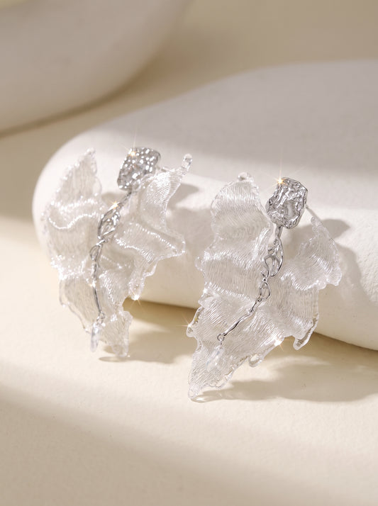 Avant-Garde Hand-Woven Metallic Ruffled Leaf Earrings - Deconstructed Glacial White Petal Studs with Liquid-Ice Border & Molten Alloy Stem LUNA-X395