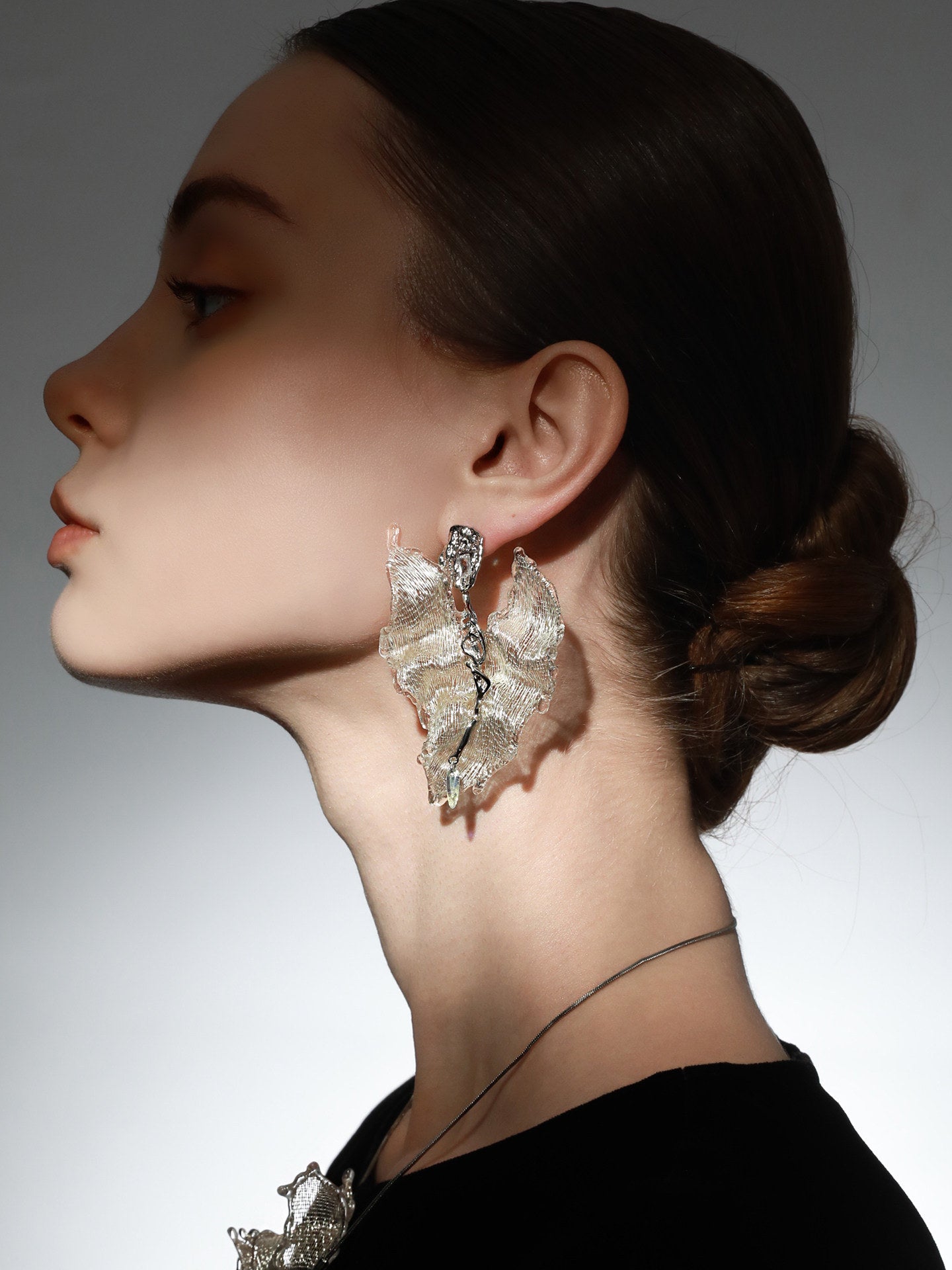 Avant-Garde Hand-Woven Metallic Ruffled Leaf Earrings - Deconstructed Glacial White Petal Studs with Liquid-Ice Border & Molten Alloy Stem LUNA-X395