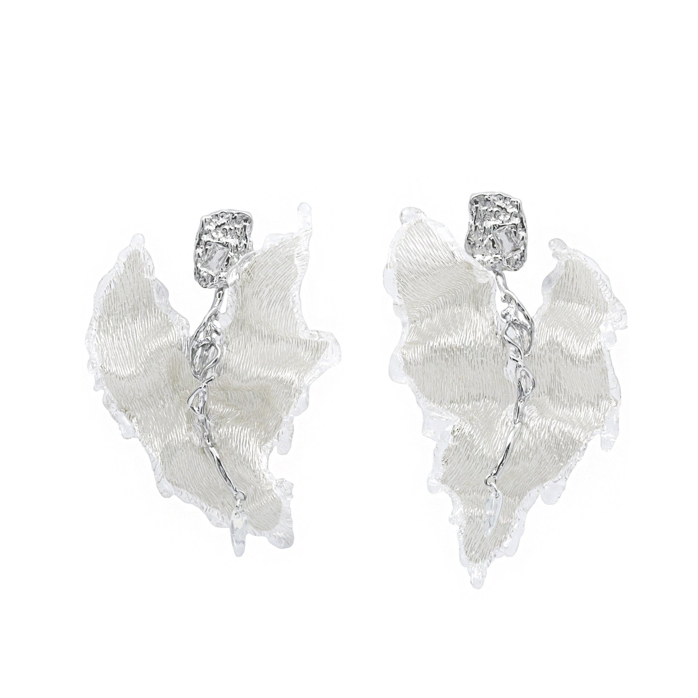 Avant-Garde Hand-Woven Metallic Ruffled Leaf Earrings - Deconstructed Glacial White Petal Studs with Liquid-Ice Border & Molten Alloy Stem LUNA-X395