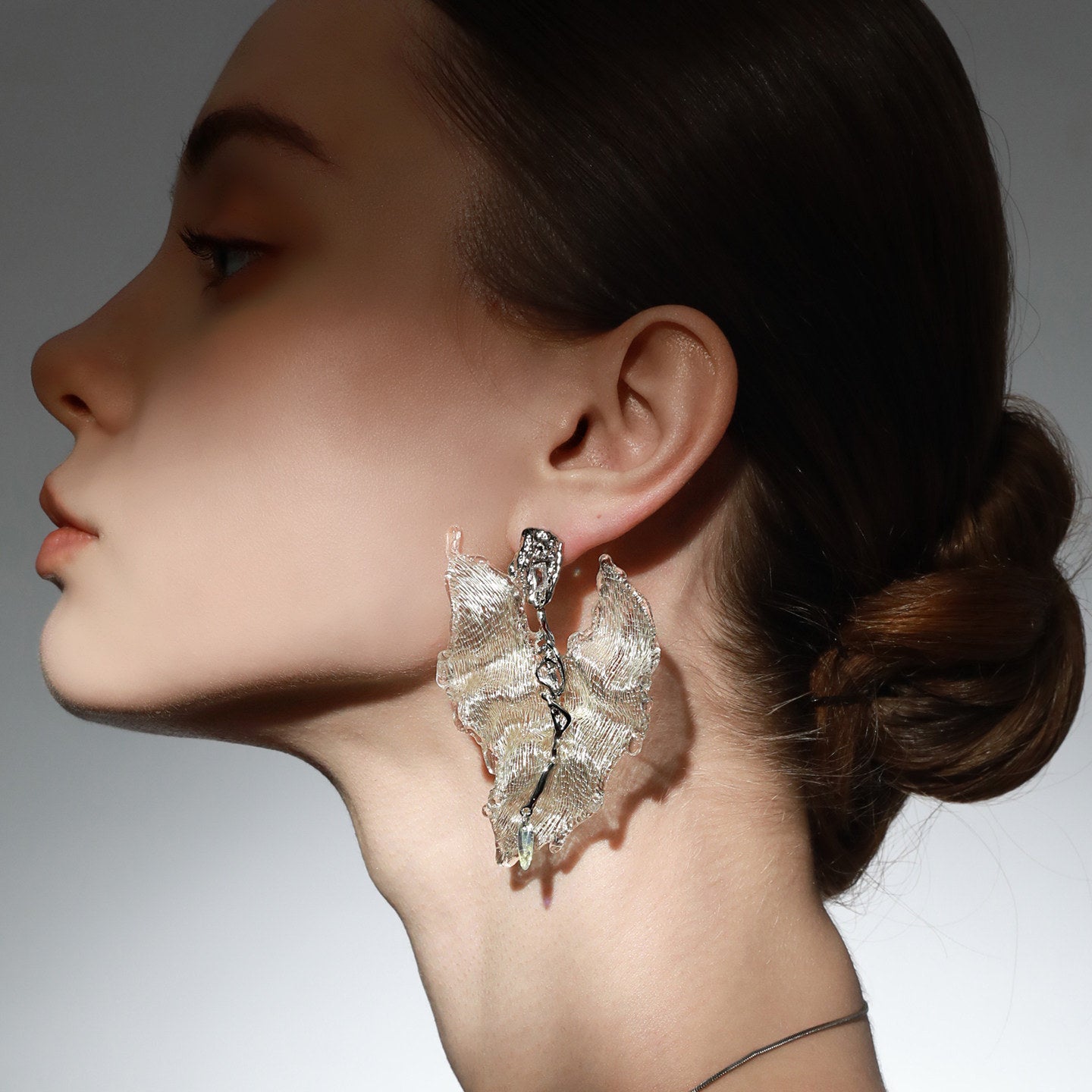 Avant-Garde Hand-Woven Metallic Ruffled Leaf Earrings - Deconstructed Glacial White Petal Studs with Liquid-Ice Border & Molten Alloy Stem LUNA-X395