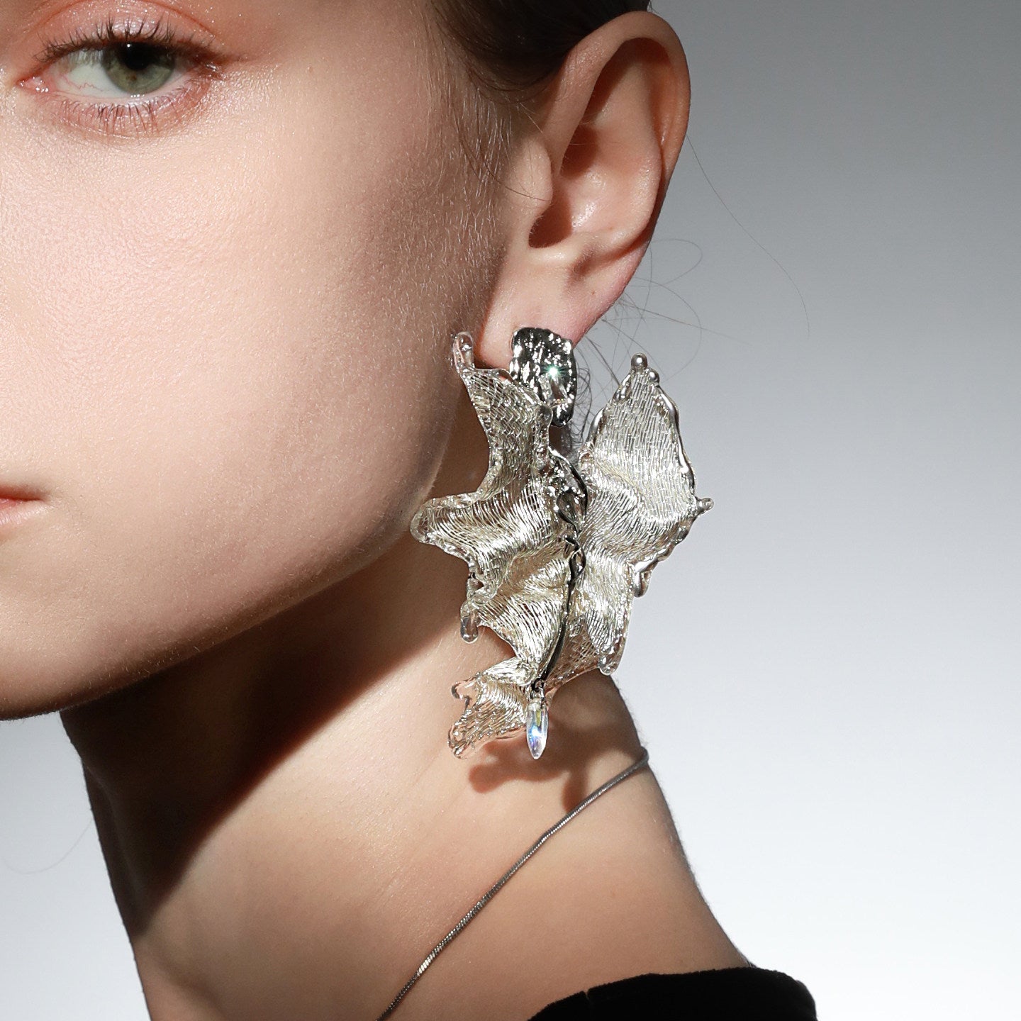 Avant-Garde Hand-Woven Metallic Ruffled Leaf Earrings - Deconstructed Glacial White Petal Studs with Liquid-Ice Border & Molten Alloy Stem LUNA-X395