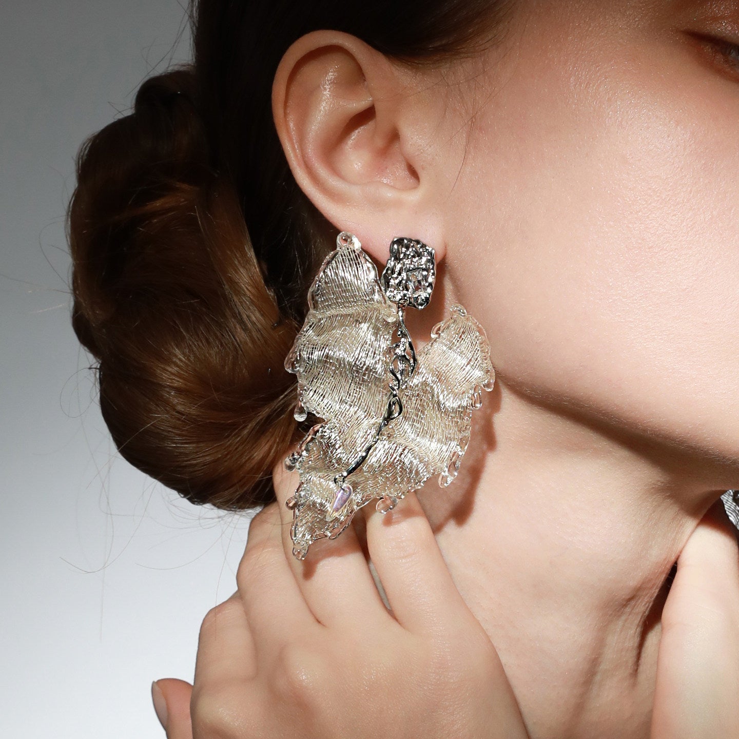 Avant-Garde Hand-Woven Metallic Ruffled Leaf Earrings - Deconstructed Glacial White Petal Studs with Liquid-Ice Border & Molten Alloy Stem LUNA-X395