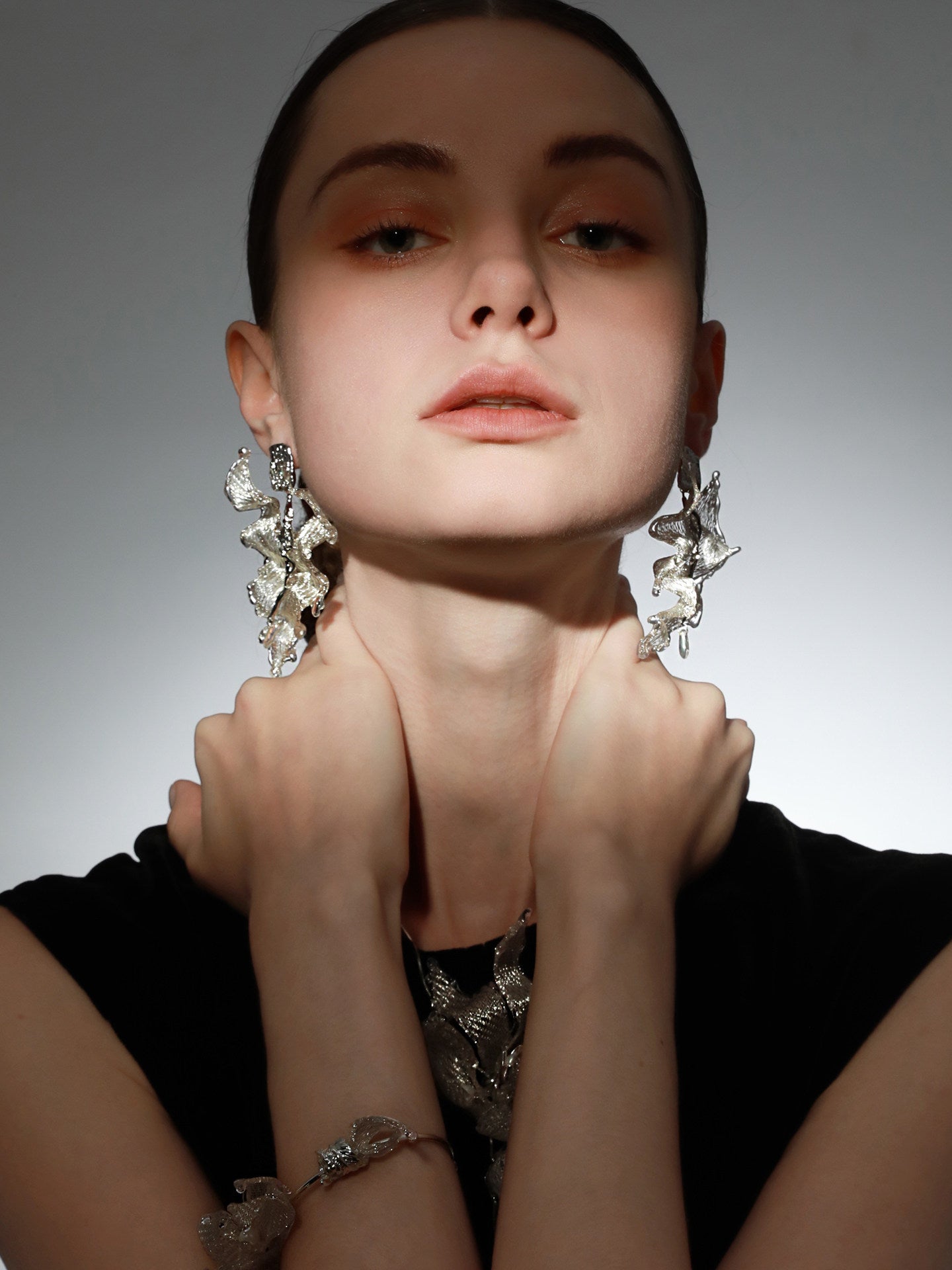Avant-Garde Hand-Woven Metallic Ruffled Leaf Earrings - Deconstructed Glacial White Petal Studs with Liquid-Ice Border & Molten Alloy Stem LUNA-X395