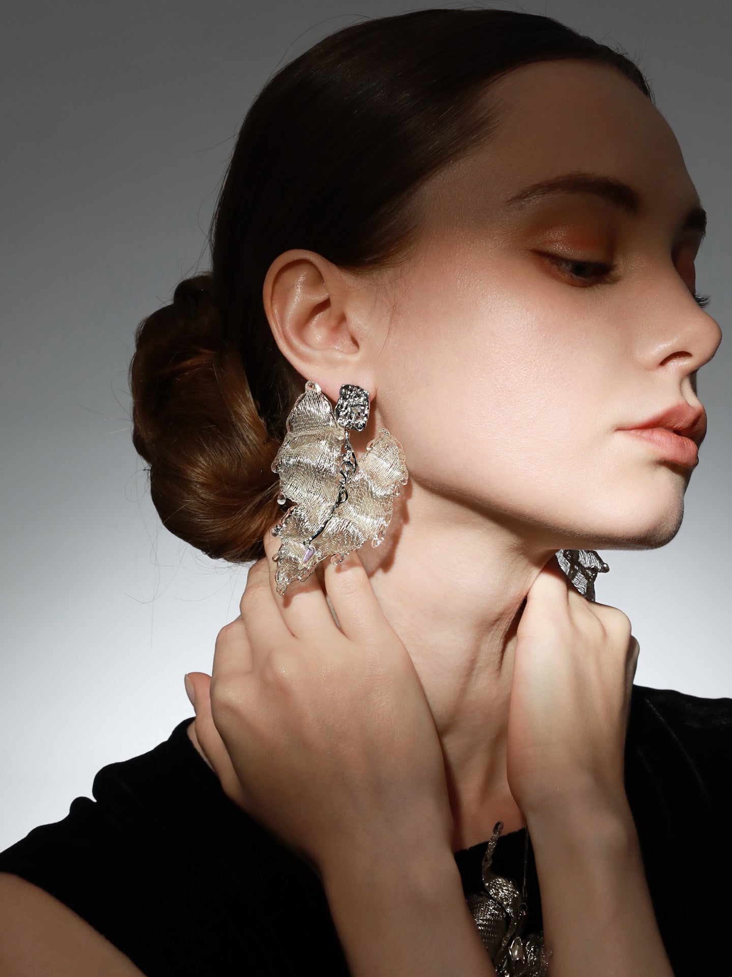 Avant-Garde Hand-Woven Metallic Ruffled Leaf Earrings - Deconstructed Glacial White Petal Studs with Liquid-Ice Border & Molten Alloy Stem LUNA-X395