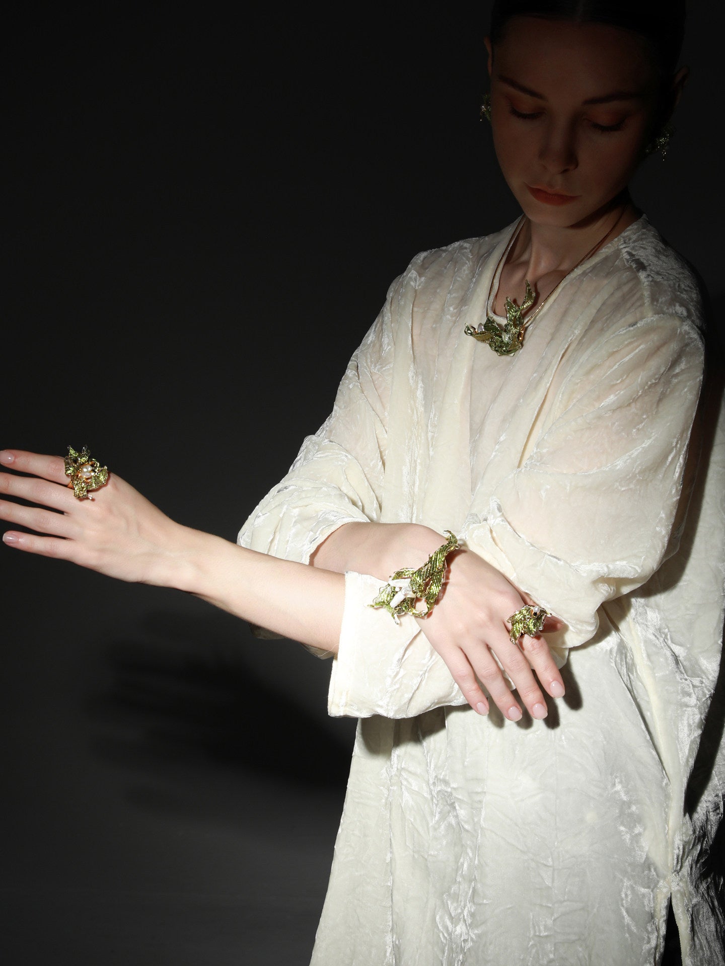 Avant-Garde Hand-Woven Metallic Leaf Cuff - Deconstructed Tender Green Vine Bangle with Clear Liquid-Ice Edges and Gold Plated Base  LUNA-X396