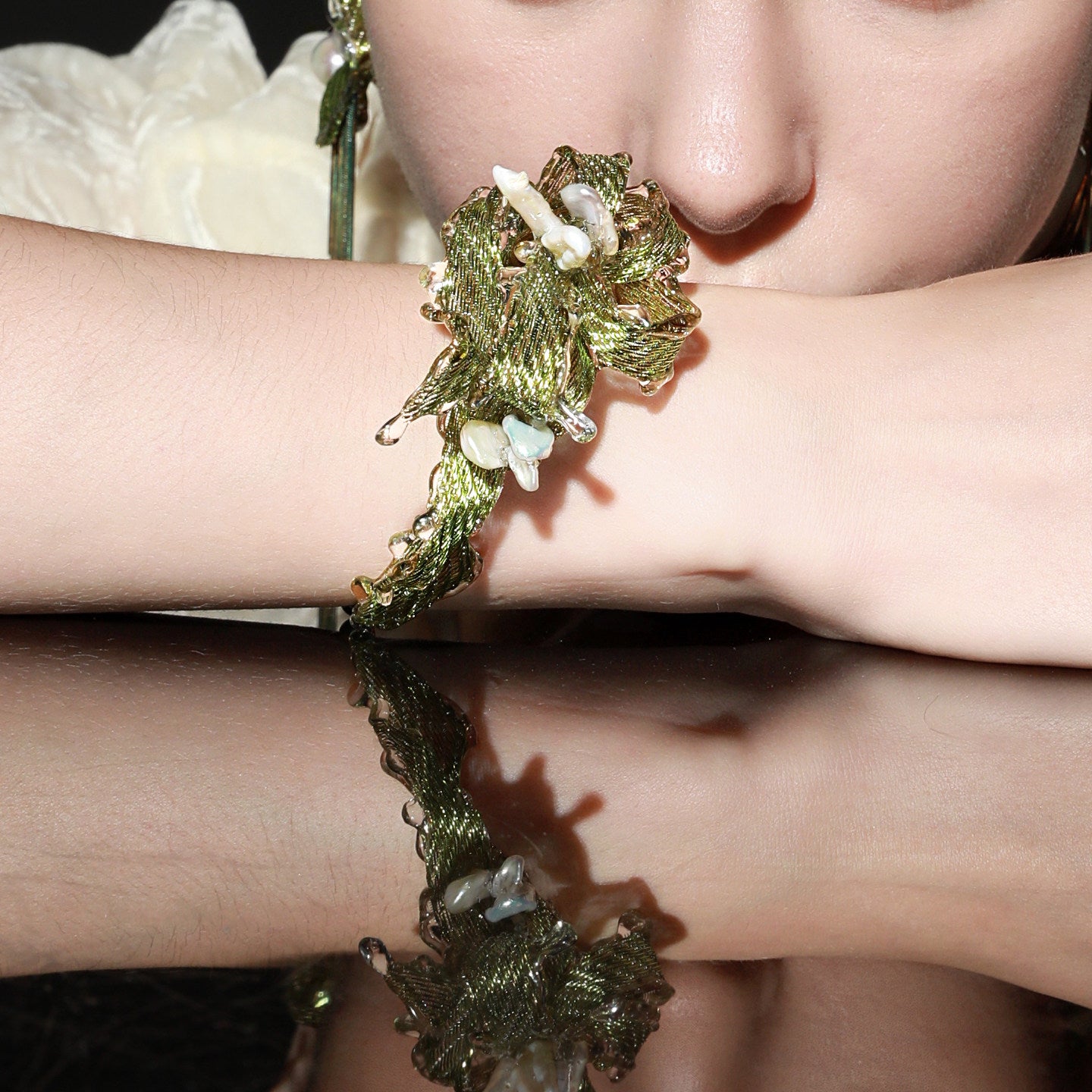 Avant-Garde Hand-Woven Metallic Leaf Cuff - Deconstructed Tender Green Vine Bangle with Clear Liquid-Ice Edges and Gold Plated Base  LUNA-X396