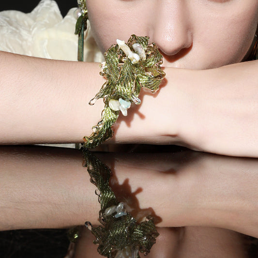 Avant-Garde Hand-Woven Metallic Leaf Cuff - Deconstructed Tender Green Vine Bangle with Clear Liquid-Ice Edges and Gold Plated Base  LUNA-X396