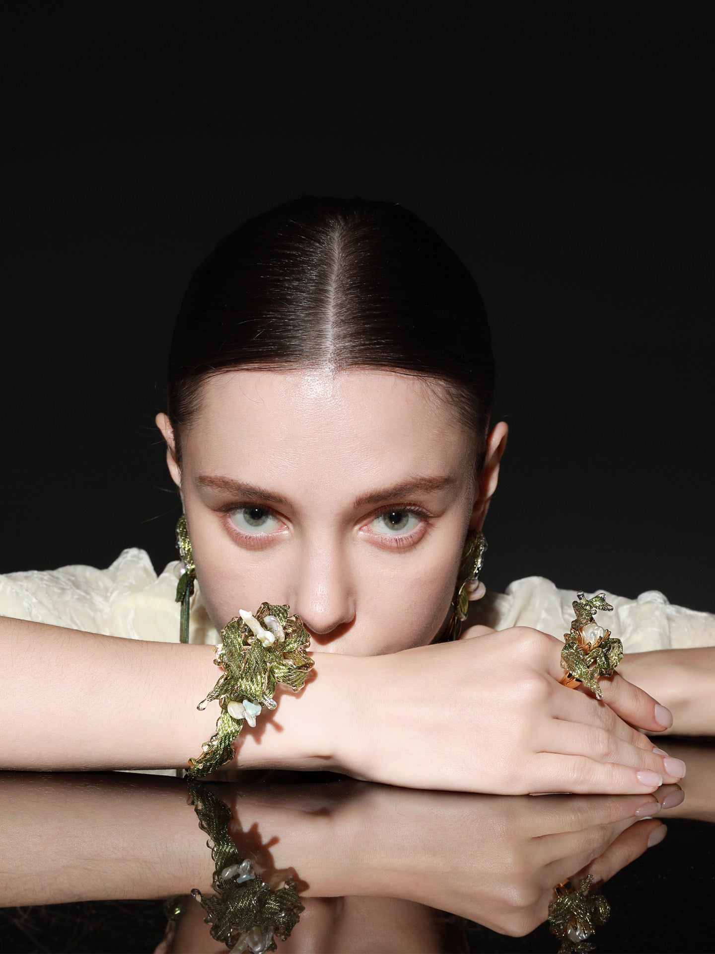 Avant-Garde Hand-Woven Metallic Leaf Cuff - Deconstructed Tender Green Vine Bangle with Clear Liquid-Ice Edges and Gold Plated Base  LUNA-X396