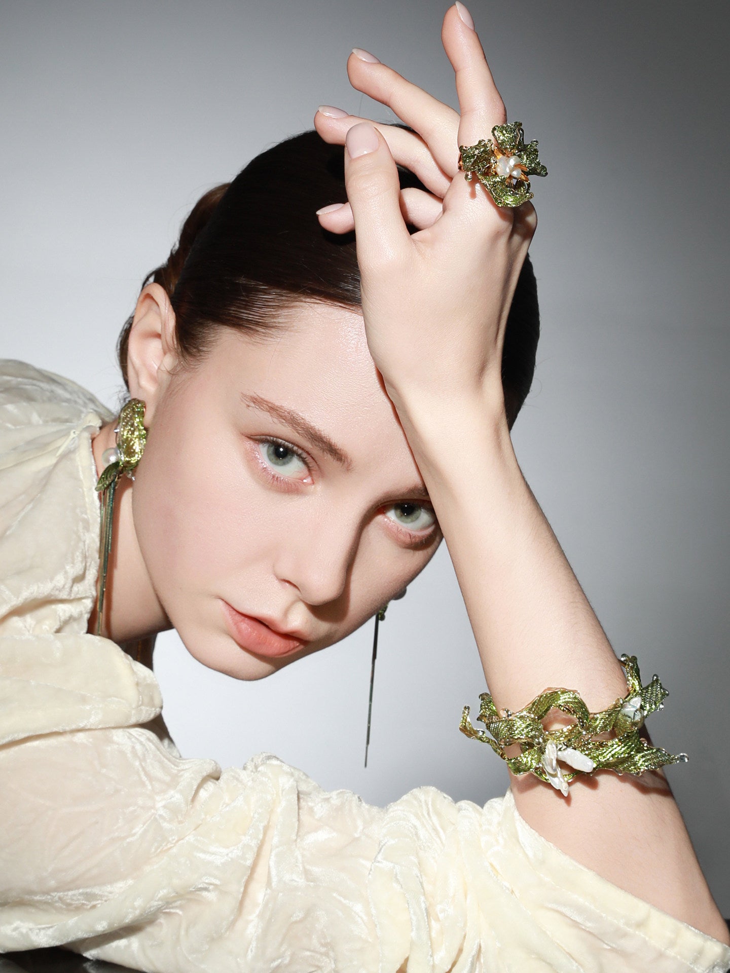 Avant-Garde Hand-Woven Metallic Leaf Cuff - Deconstructed Tender Green Vine Bangle with Clear Liquid-Ice Edges and Gold Plated Base  LUNA-X396