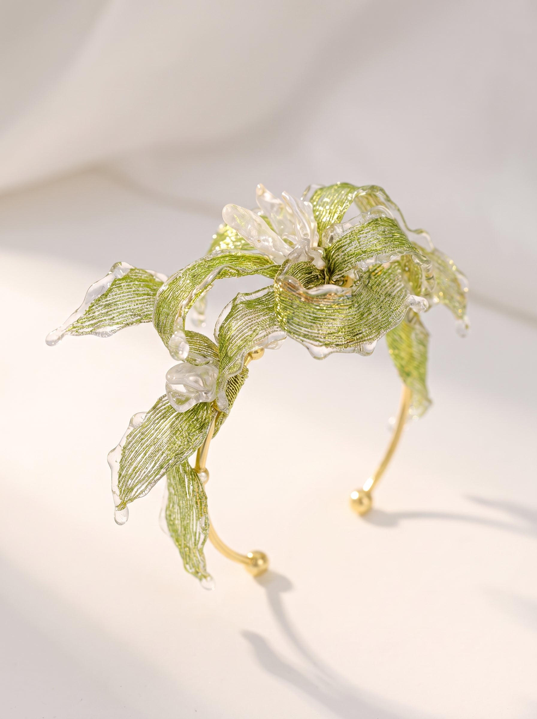 Avant-Garde Hand-Woven Metallic Leaf Cuff - Deconstructed Tender Green Vine Bangle with Clear Liquid-Ice Edges and Gold Plated Base  LUNA-X396