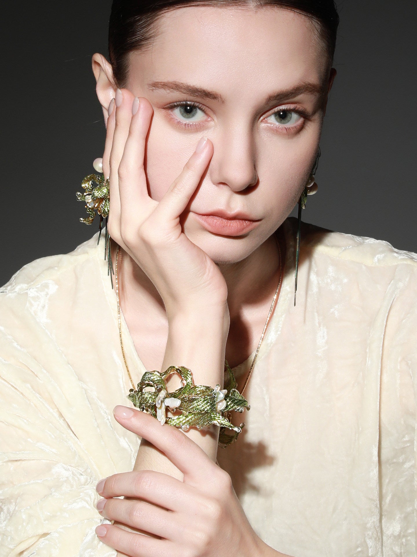 Avant-Garde Hand-Woven Metallic Leaf Cuff - Deconstructed Tender Green Vine Bangle with Clear Liquid-Ice Edges and Gold Plated Base  LUNA-X396