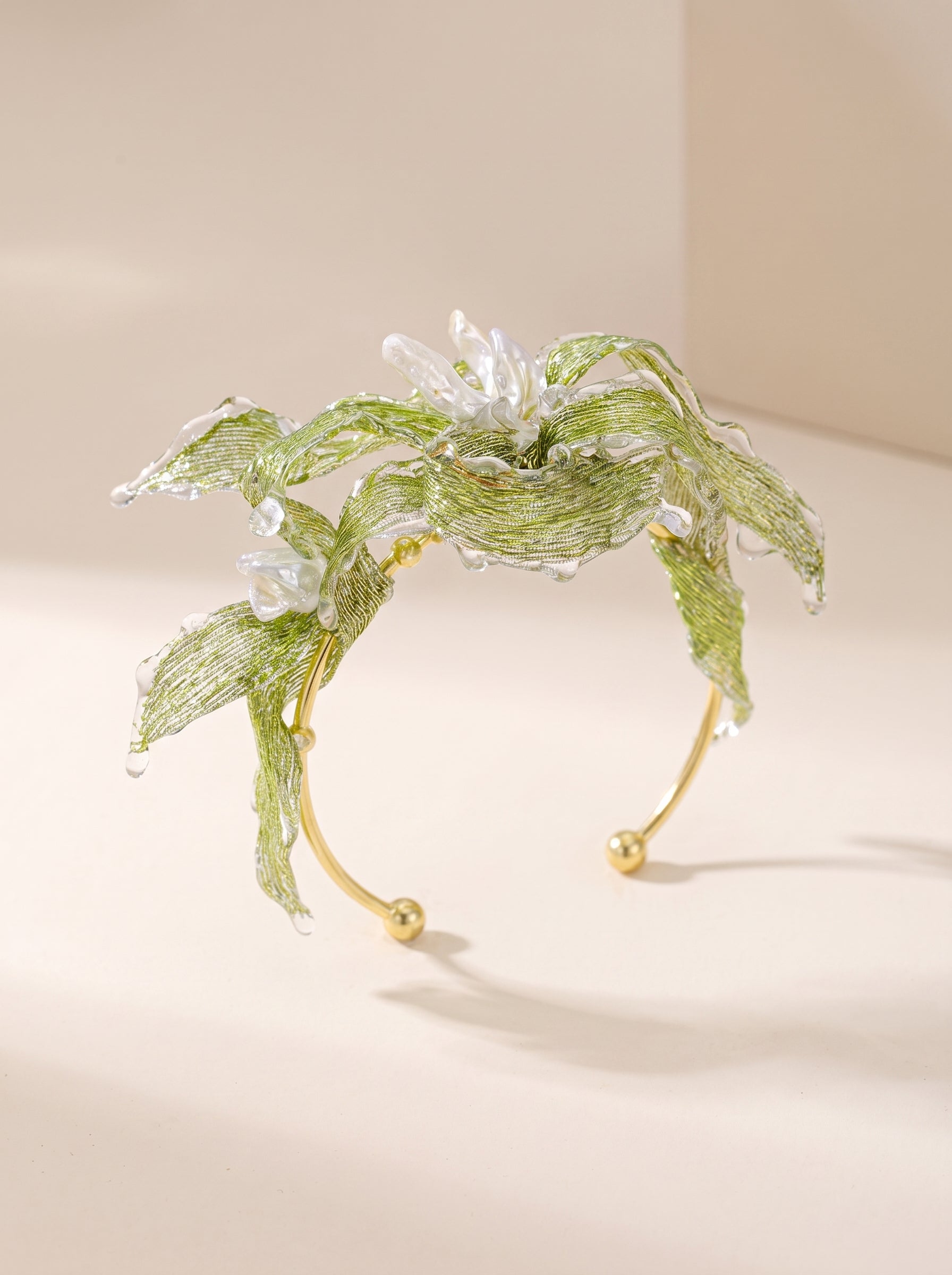 Avant-Garde Hand-Woven Metallic Leaf Cuff - Deconstructed Tender Green Vine Bangle with Clear Liquid-Ice Edges and Gold Plated Base  LUNA-X396